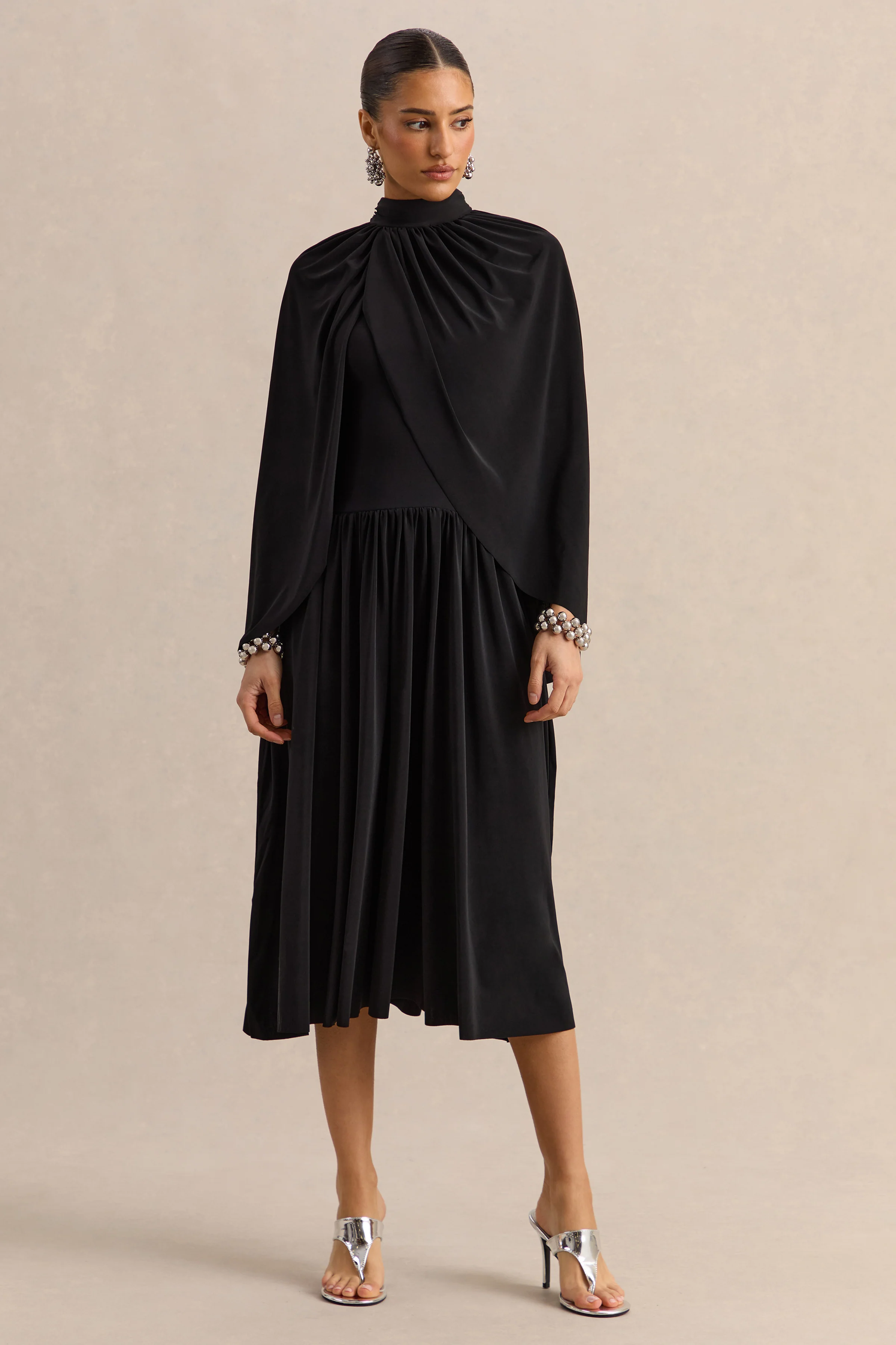 Honora | Black High-Neck Maxi Dress With Cape-Sleeves - Image 2