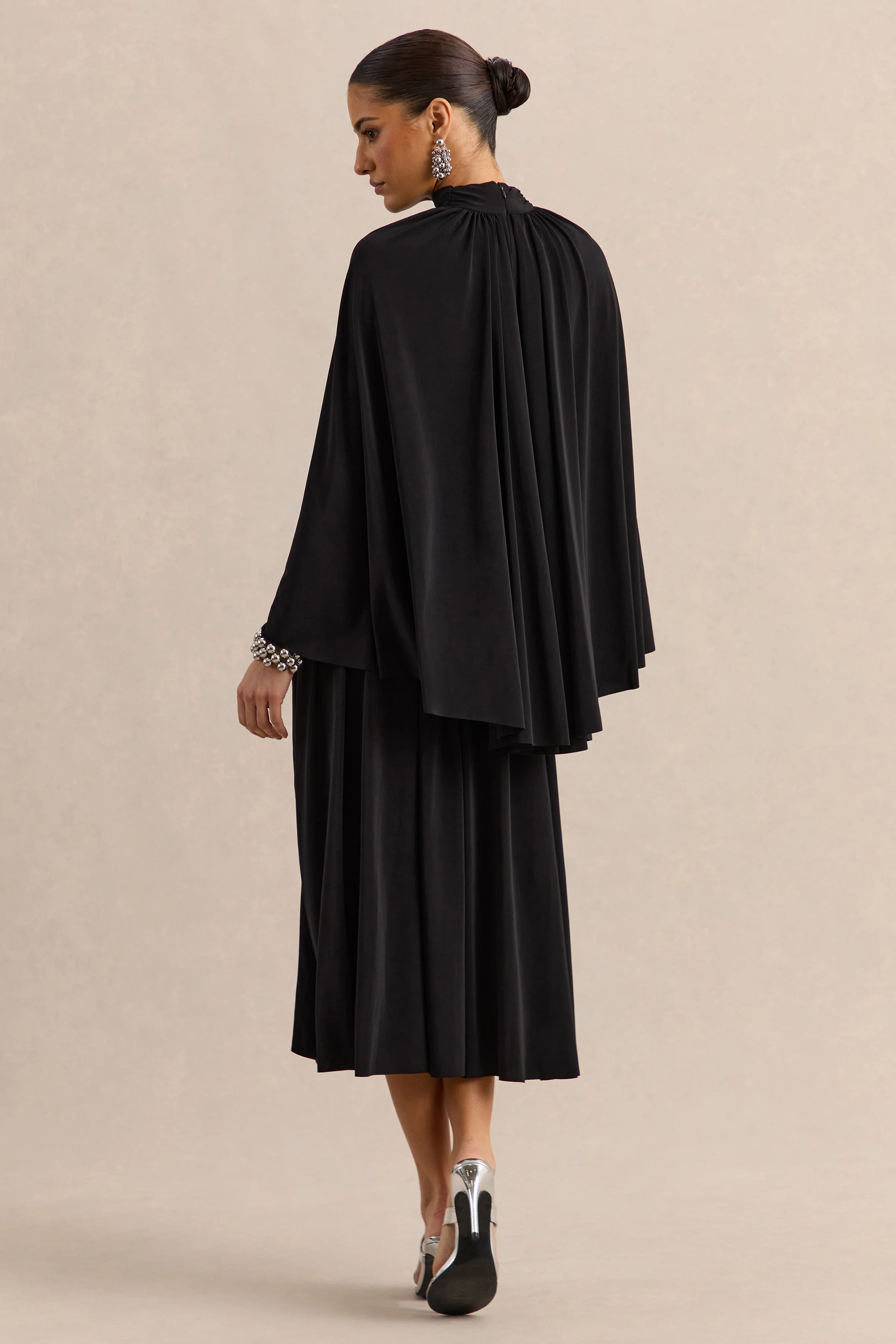 Honora | Black High-Neck Maxi Dress With Cape-Sleeves - Image 3
