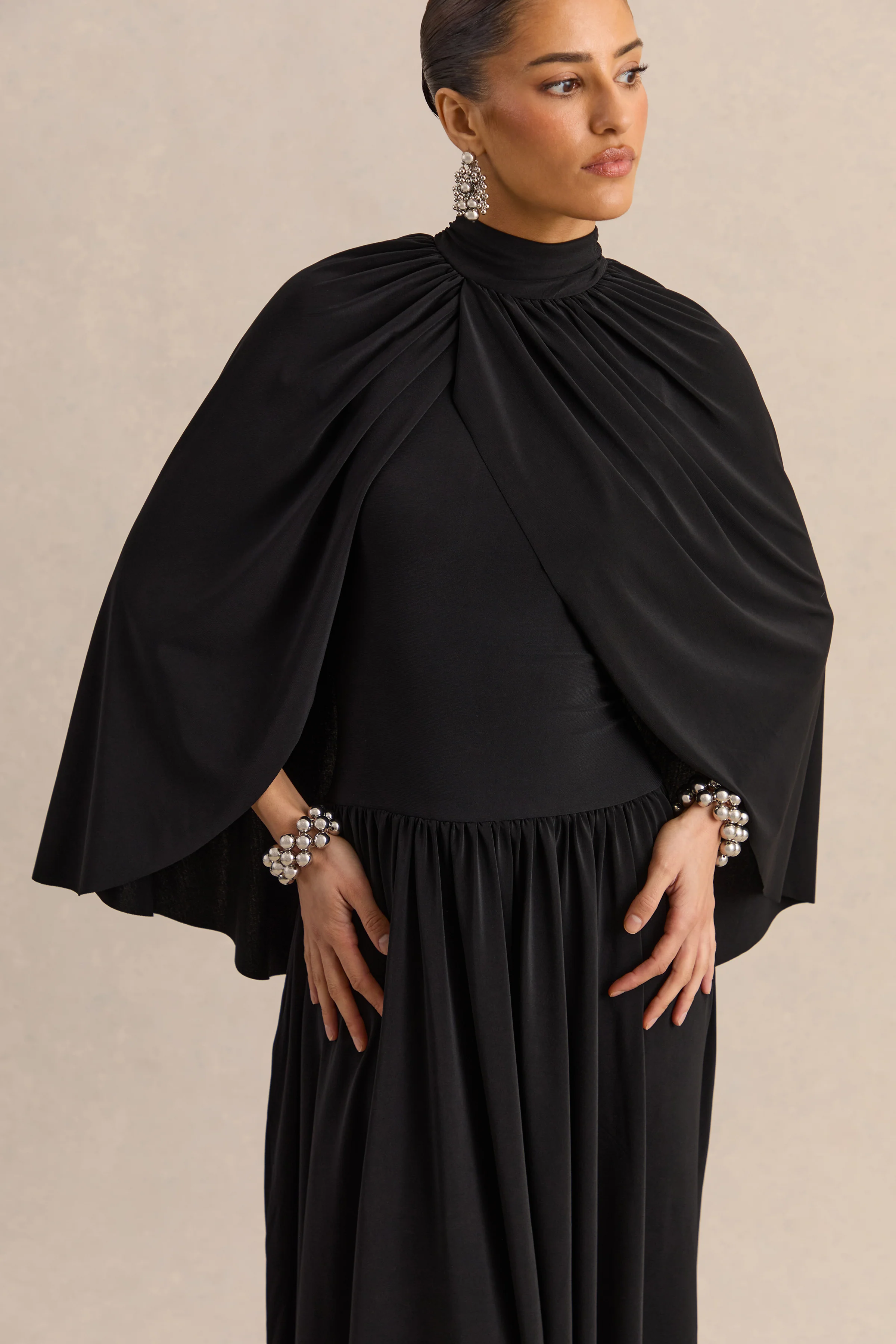 Honora | Black High-Neck Maxi Dress With Cape-Sleeves - Image 4