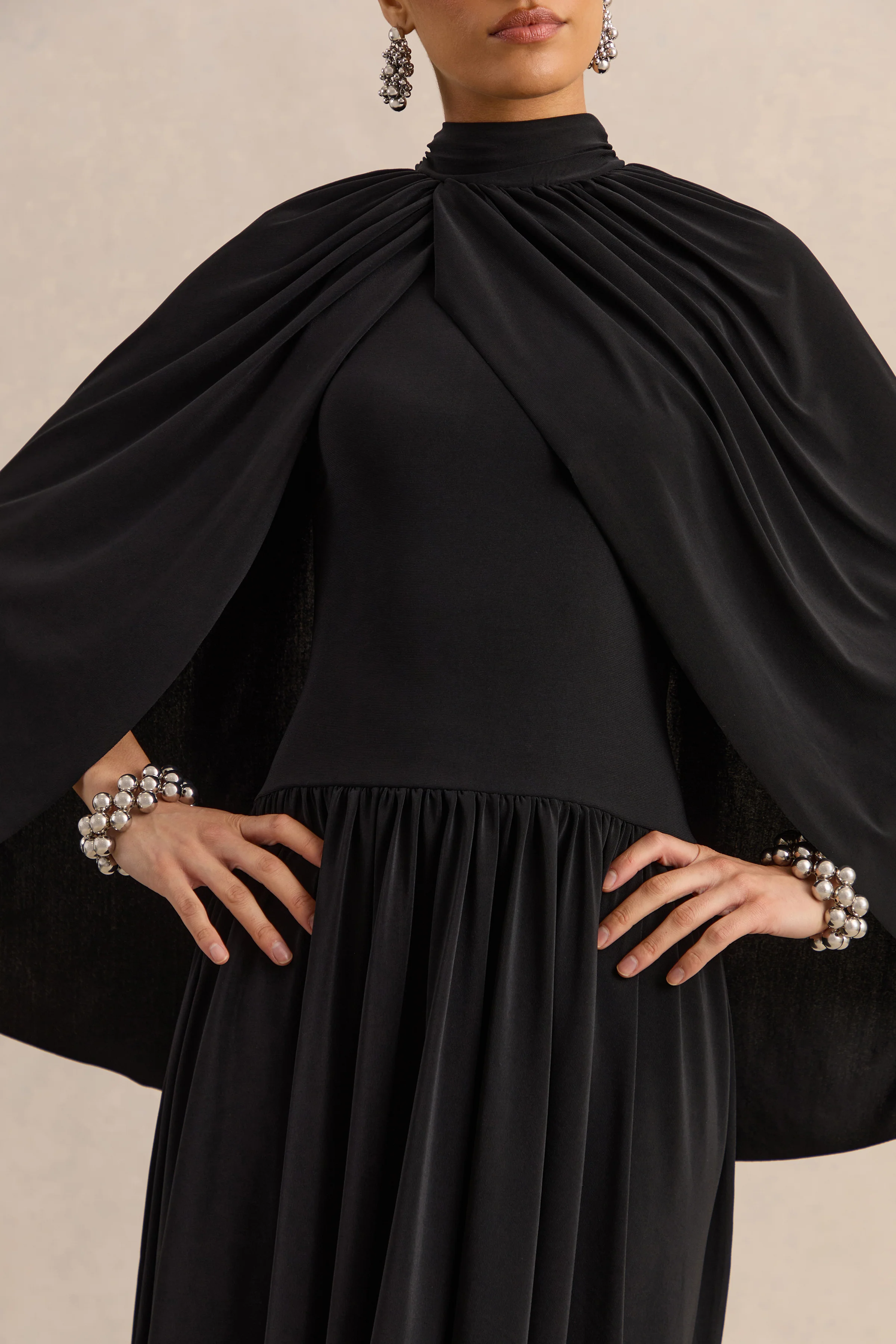 Honora | Black High-Neck Maxi Dress With Cape-Sleeves - Image 5