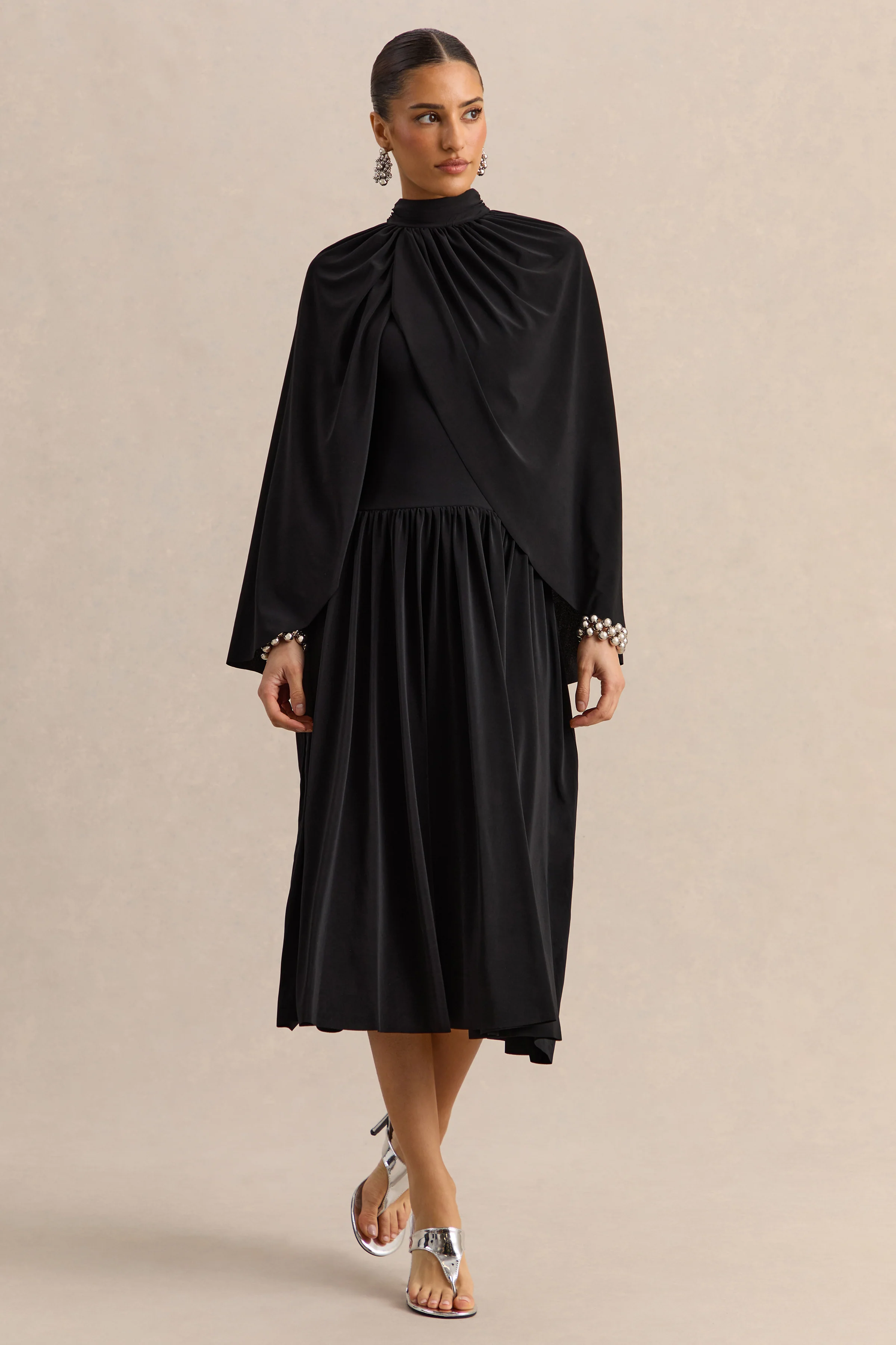 Honora | Black High-Neck Maxi Dress With Cape-Sleeves - Image 6