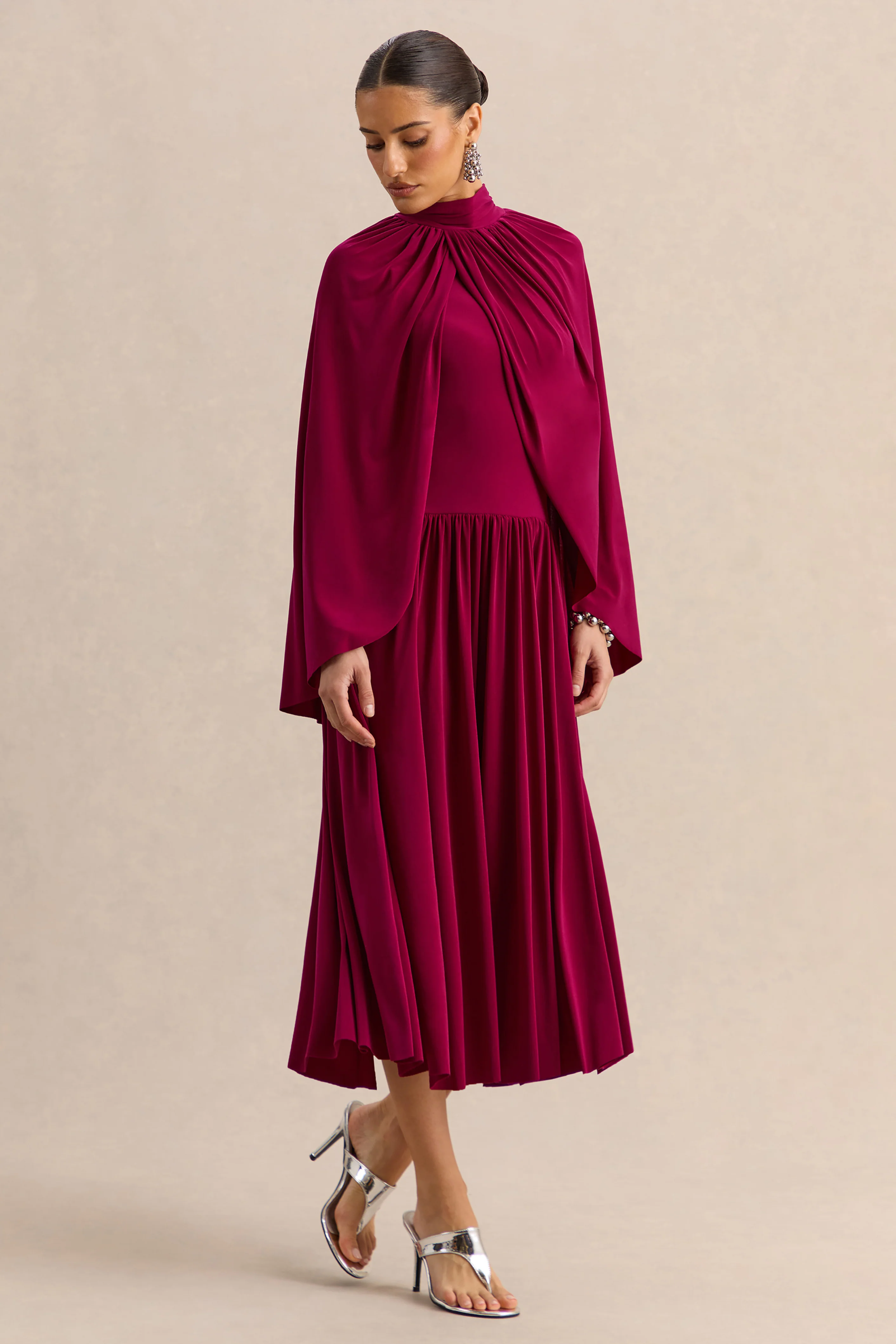 Honora | Burgundy High-Neck Midi Dress With Cape-Sleeves