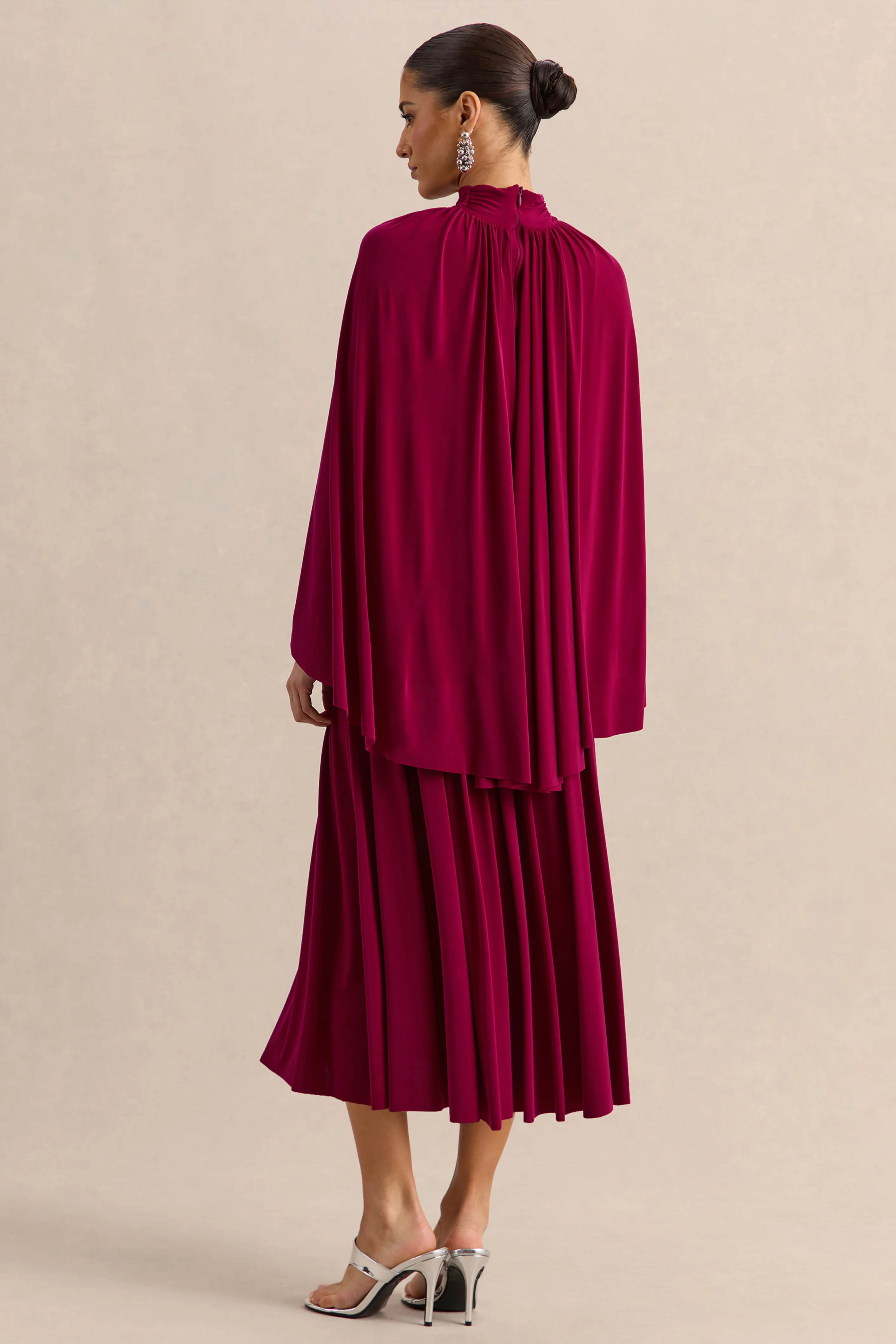 Honora | Burgundy High-Neck Midi Dress With Cape-Sleeves - Image 2