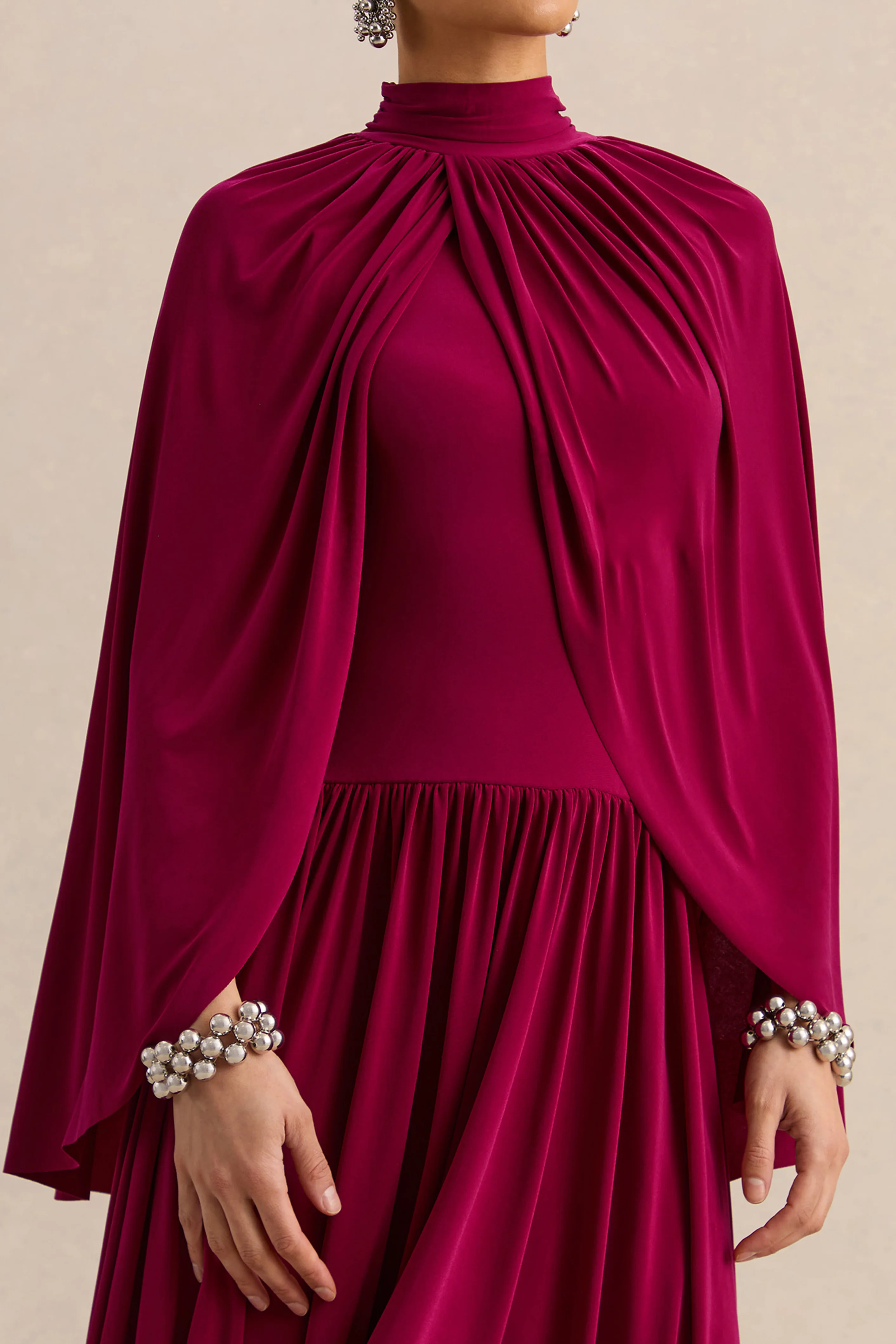 Honora | Burgundy High-Neck Midi Dress With Cape-Sleeves - Image 3