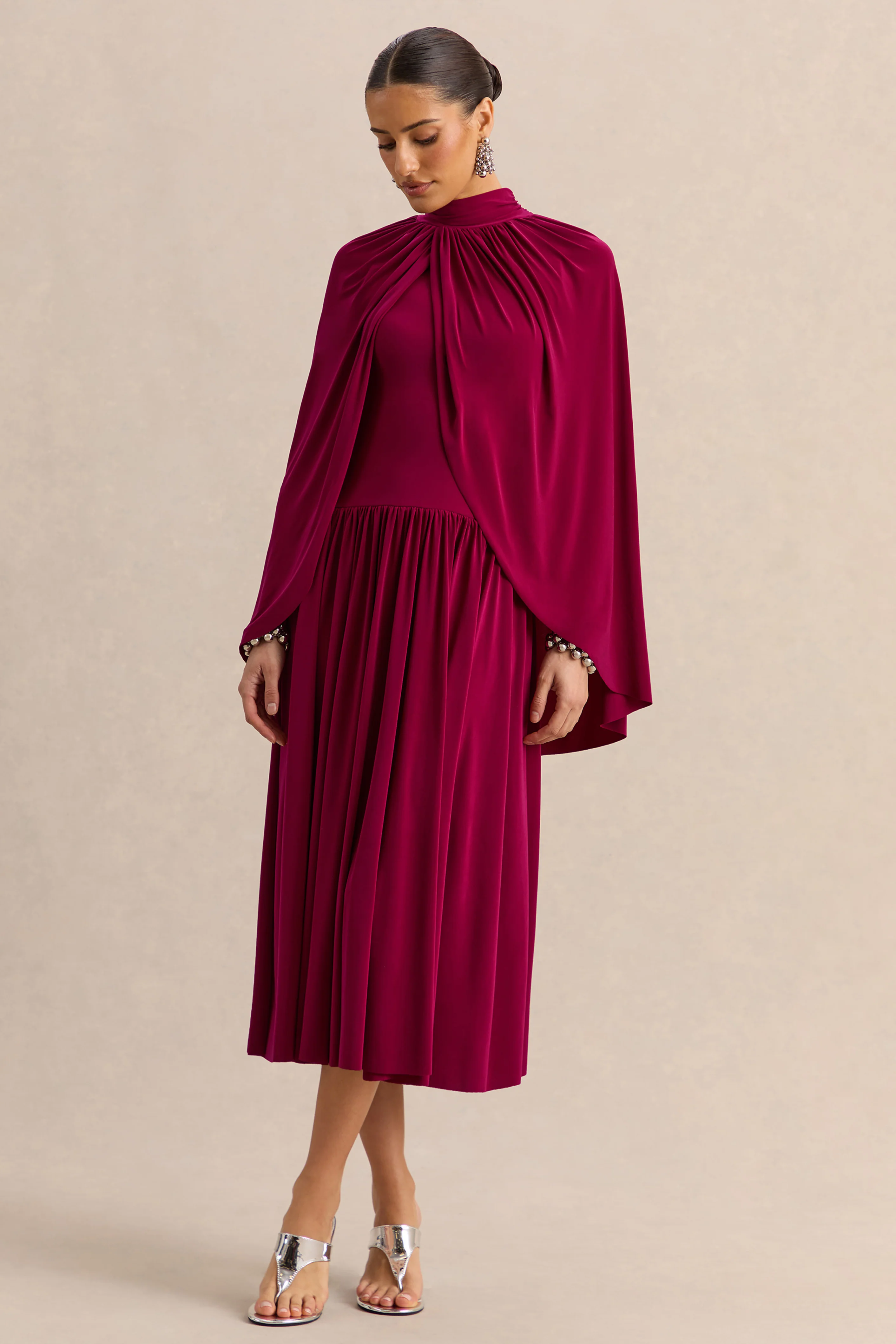 Honora | Burgundy High-Neck Midi Dress With Cape-Sleeves - Image 4