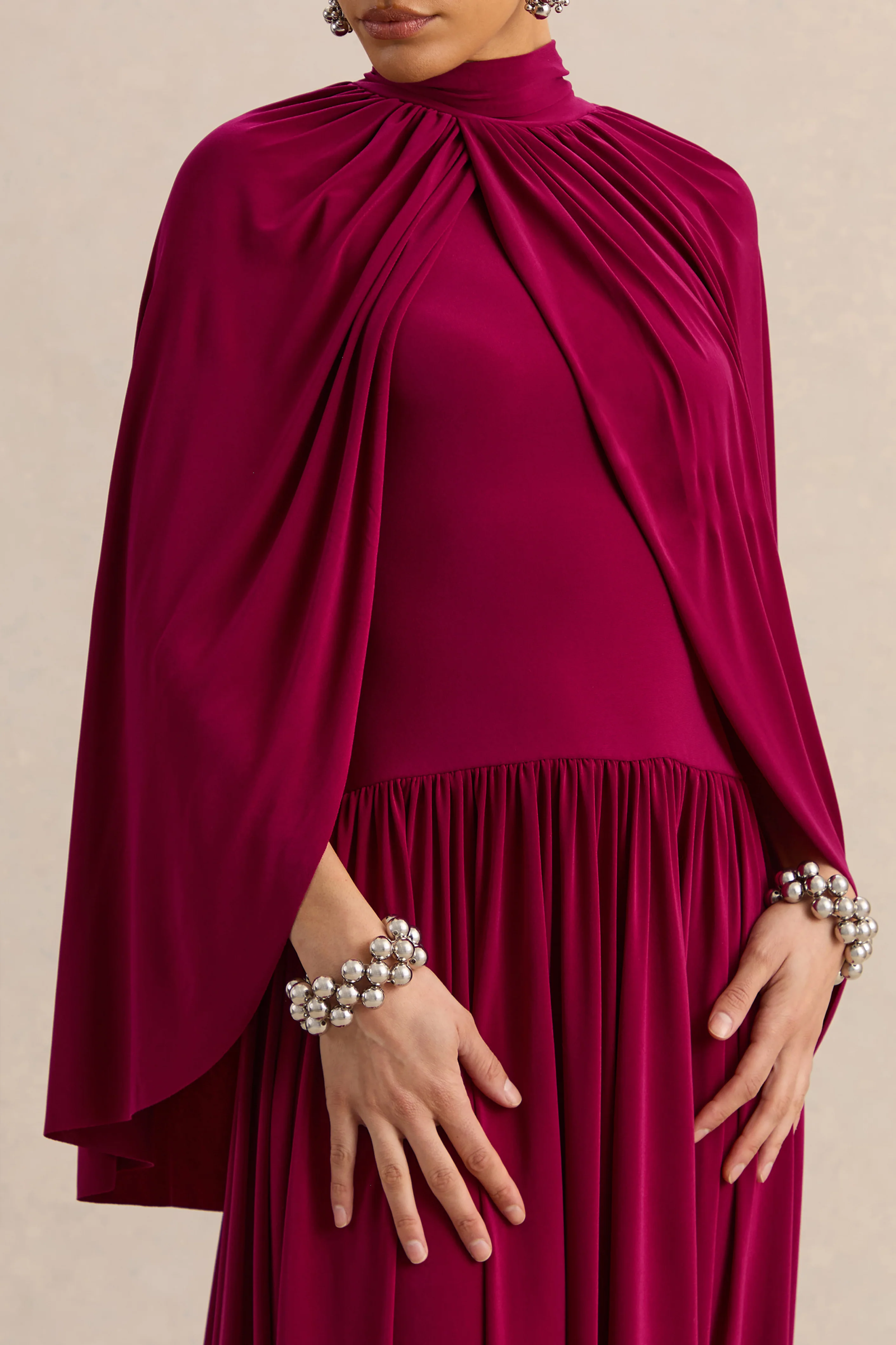 Honora | Burgundy High-Neck Midi Dress With Cape-Sleeves - Image 5