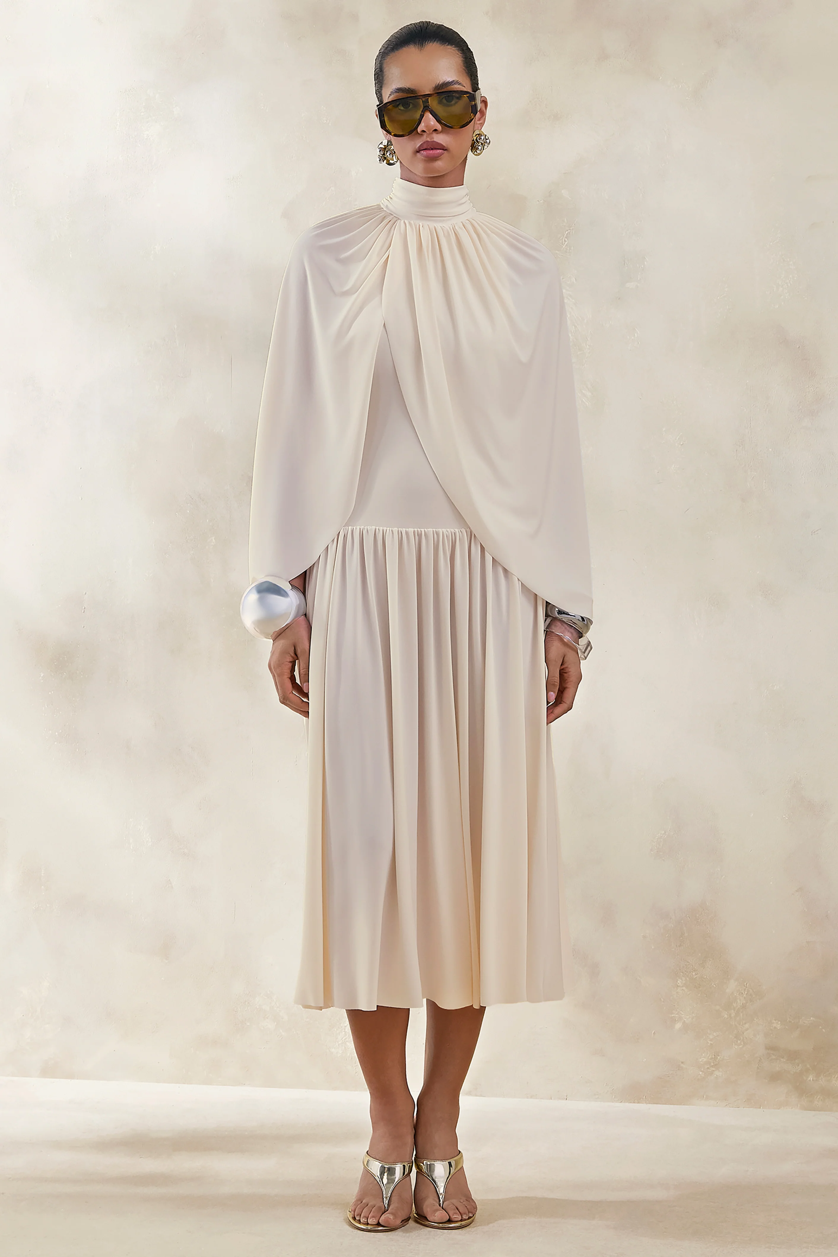 Honora | Cream High-Neck Maxi Dress With Cape-Sleeves - Image 4