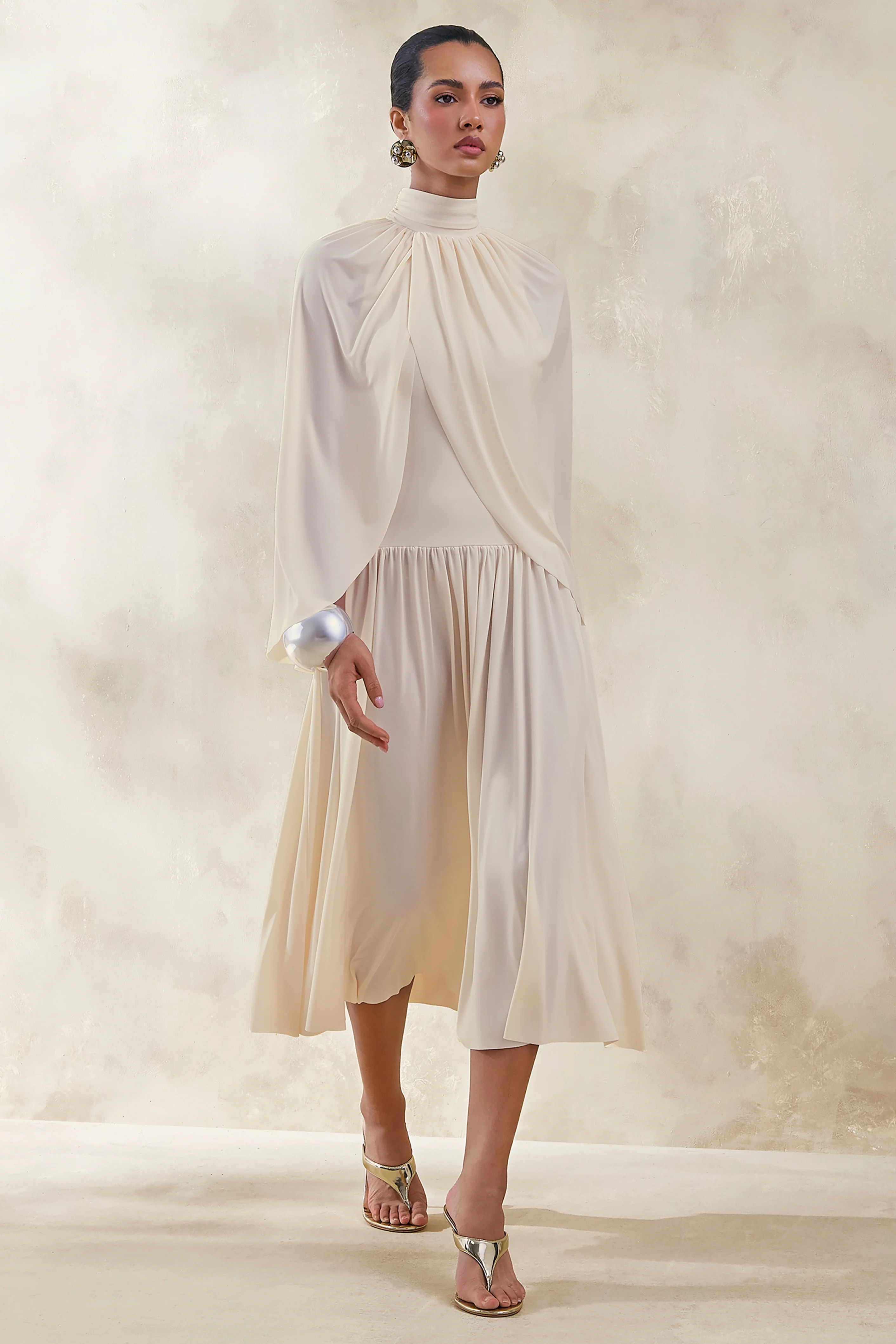 Honora | Cream High-Neck Maxi Dress With Cape-Sleeves - Image 5