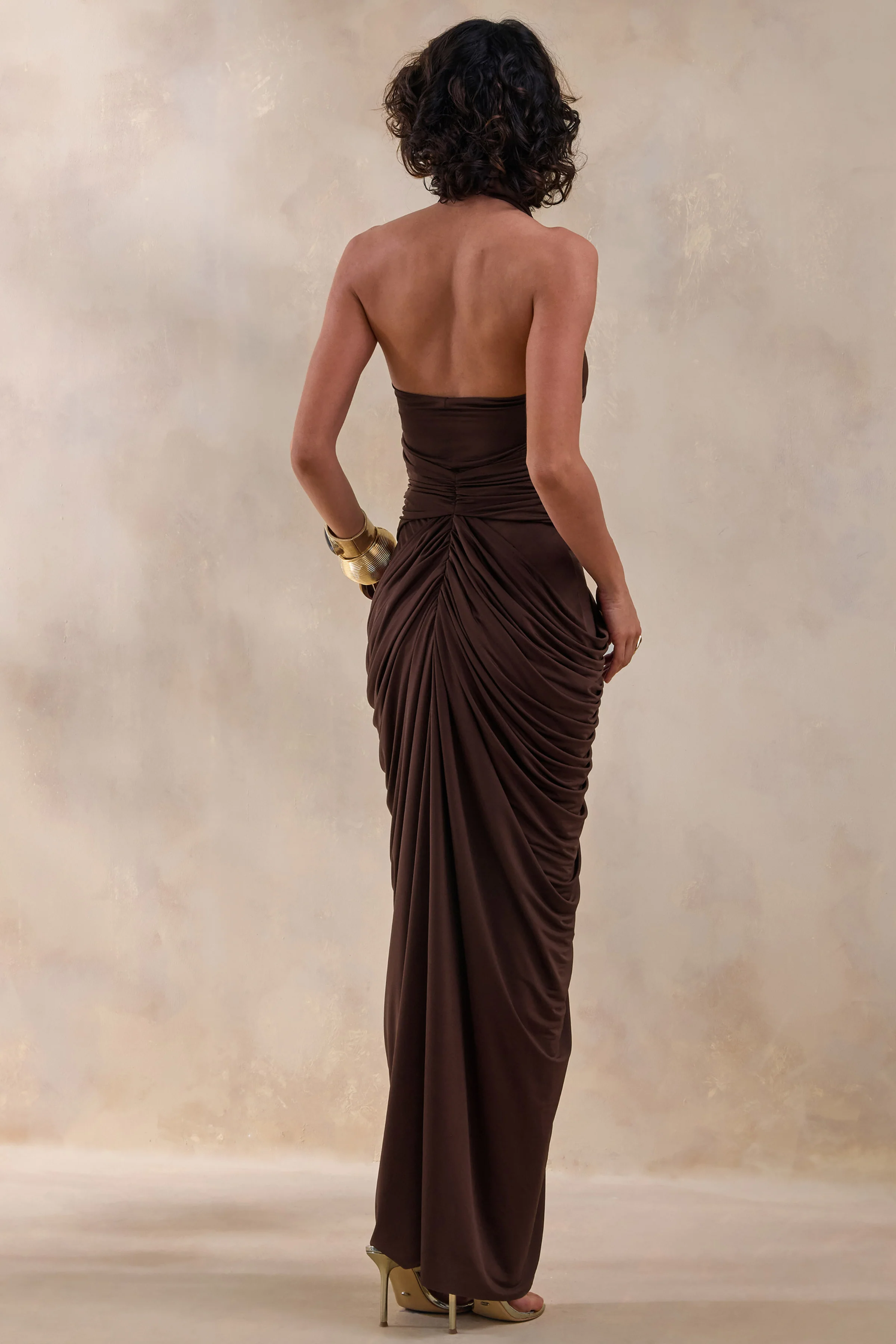 Horizon | Brown High-Neck Maxi Dress With Draped Detailing - Image 2