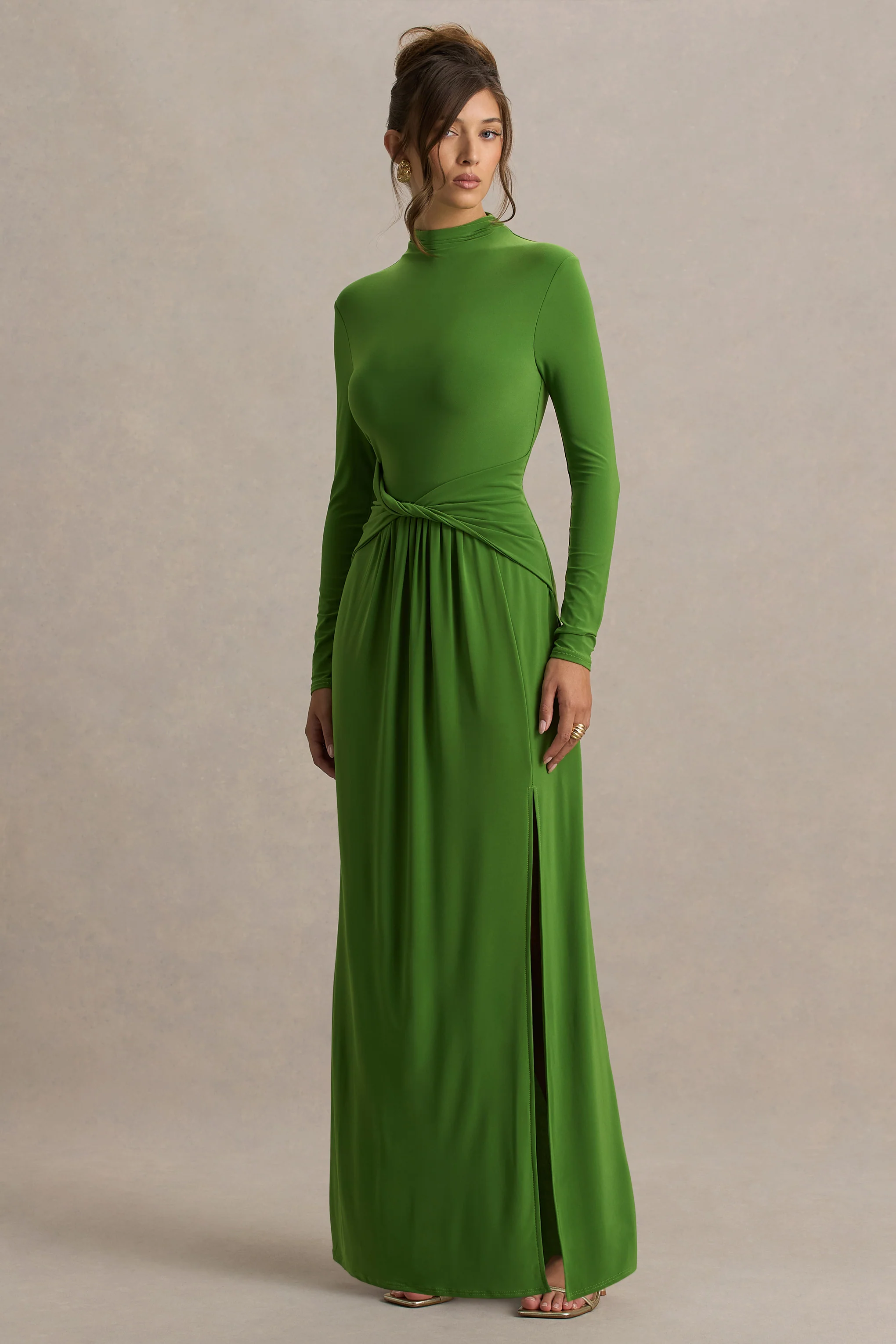 Hourglass | Green Long-Sleeve Twisted Maxi Dress With Split - Image 3