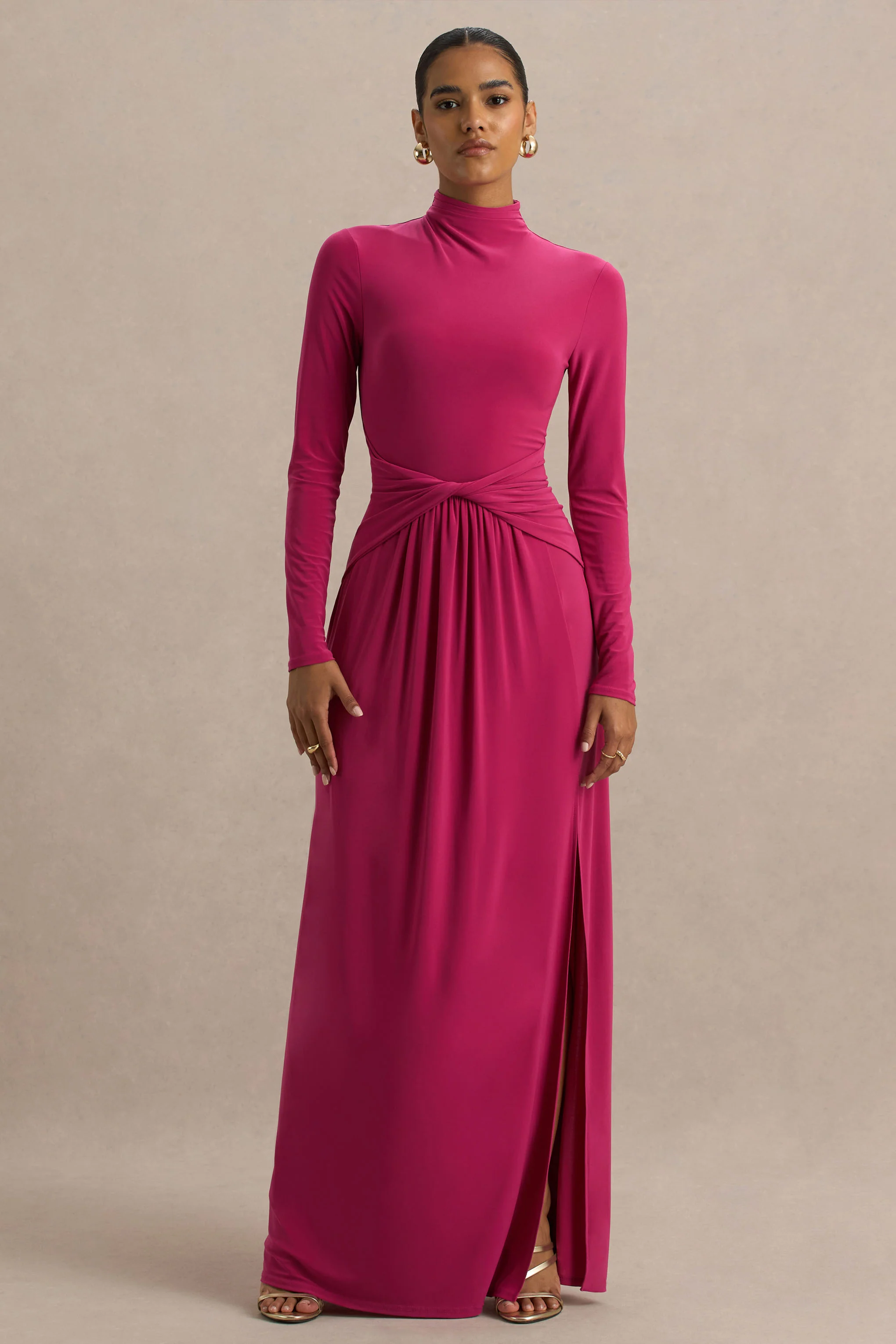 Hourglass | Hot Pink Long-Sleeve Twisted Maxi Dress With Split - Image 4