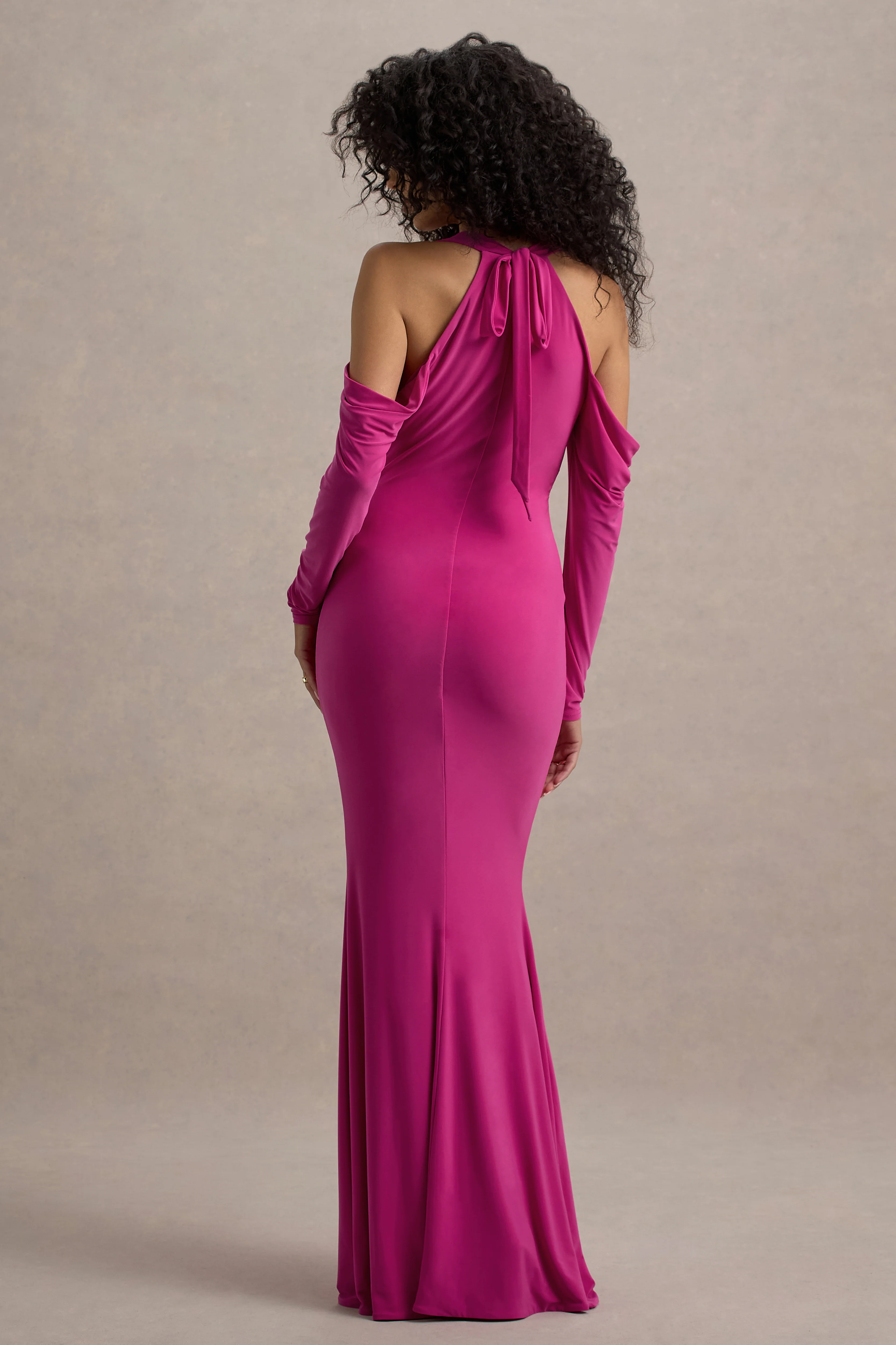 Hurghada | Hot Pink Plunge-Neck Long-Sleeve Maxi Dress - Image 2