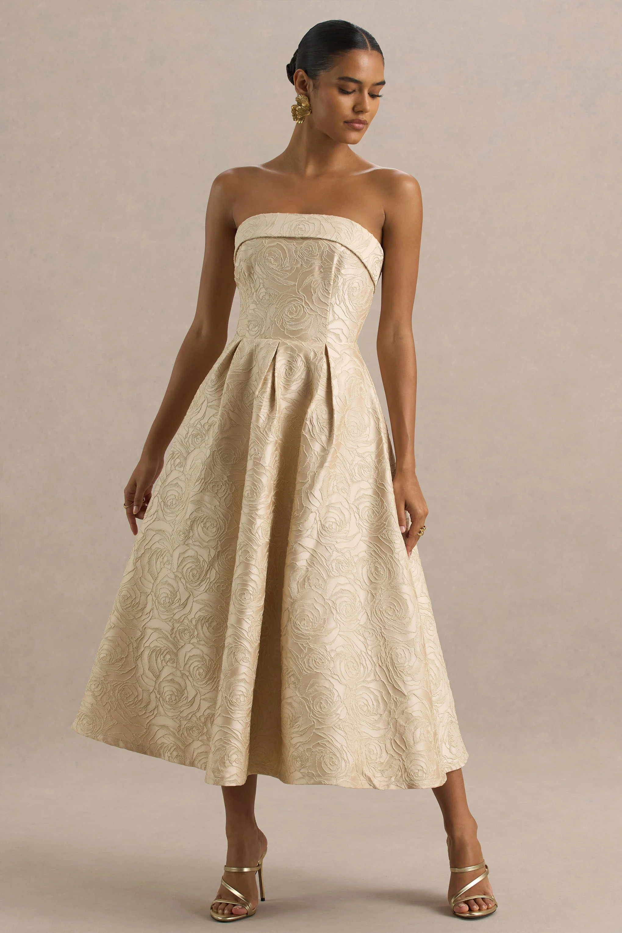 Hypnotic | Gold Jacquard Bandeau Midi Dress - Image 3