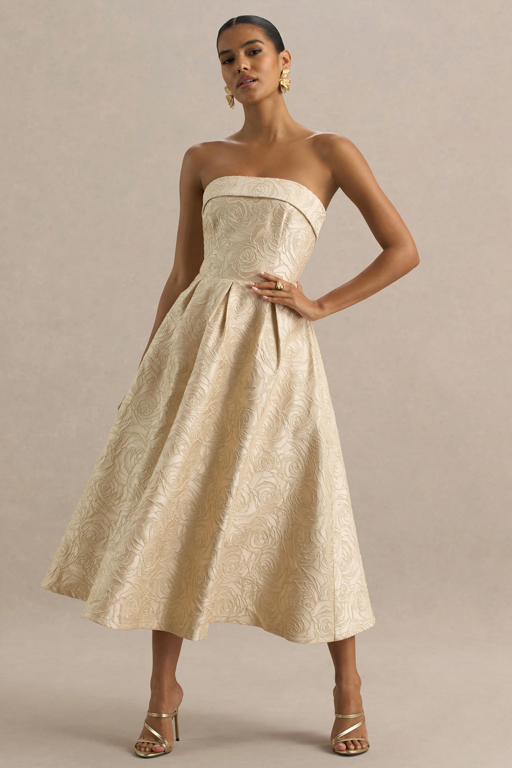 Hypnotic | Gold Jacquard Bandeau Midi Dress - Image 4