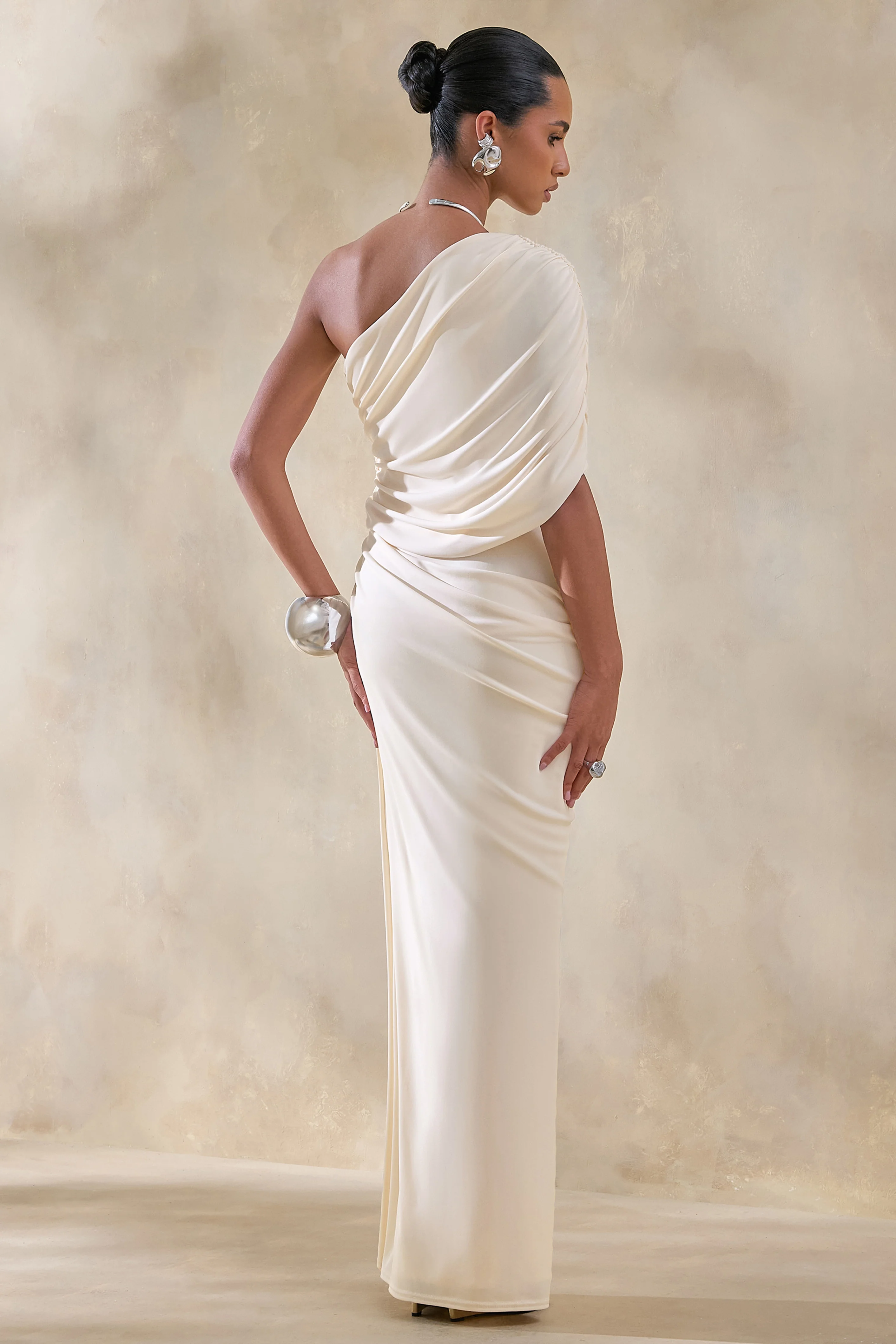 Iberia | Cream Asymmetric-Neck Maxi Dress With Draped Detail - Image 2