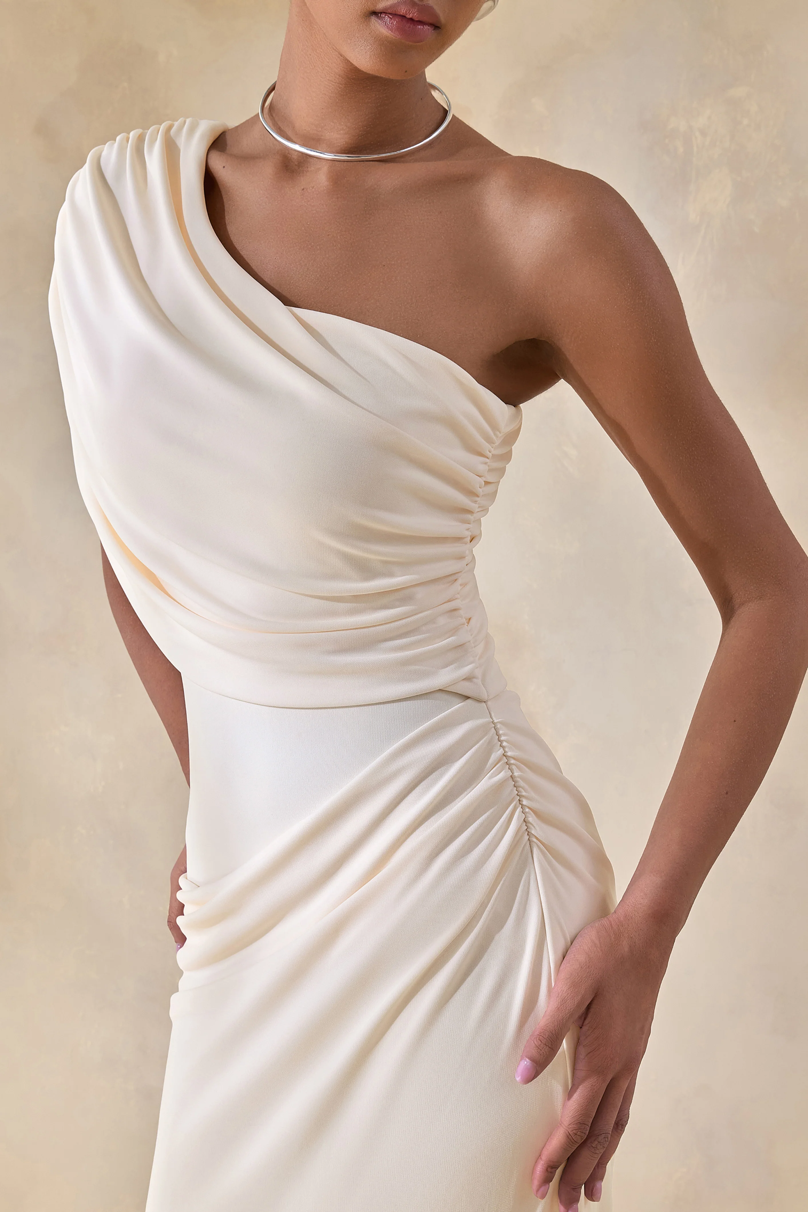Iberia | Cream Asymmetric-Neck Maxi Dress With Draped Detail - Image 3