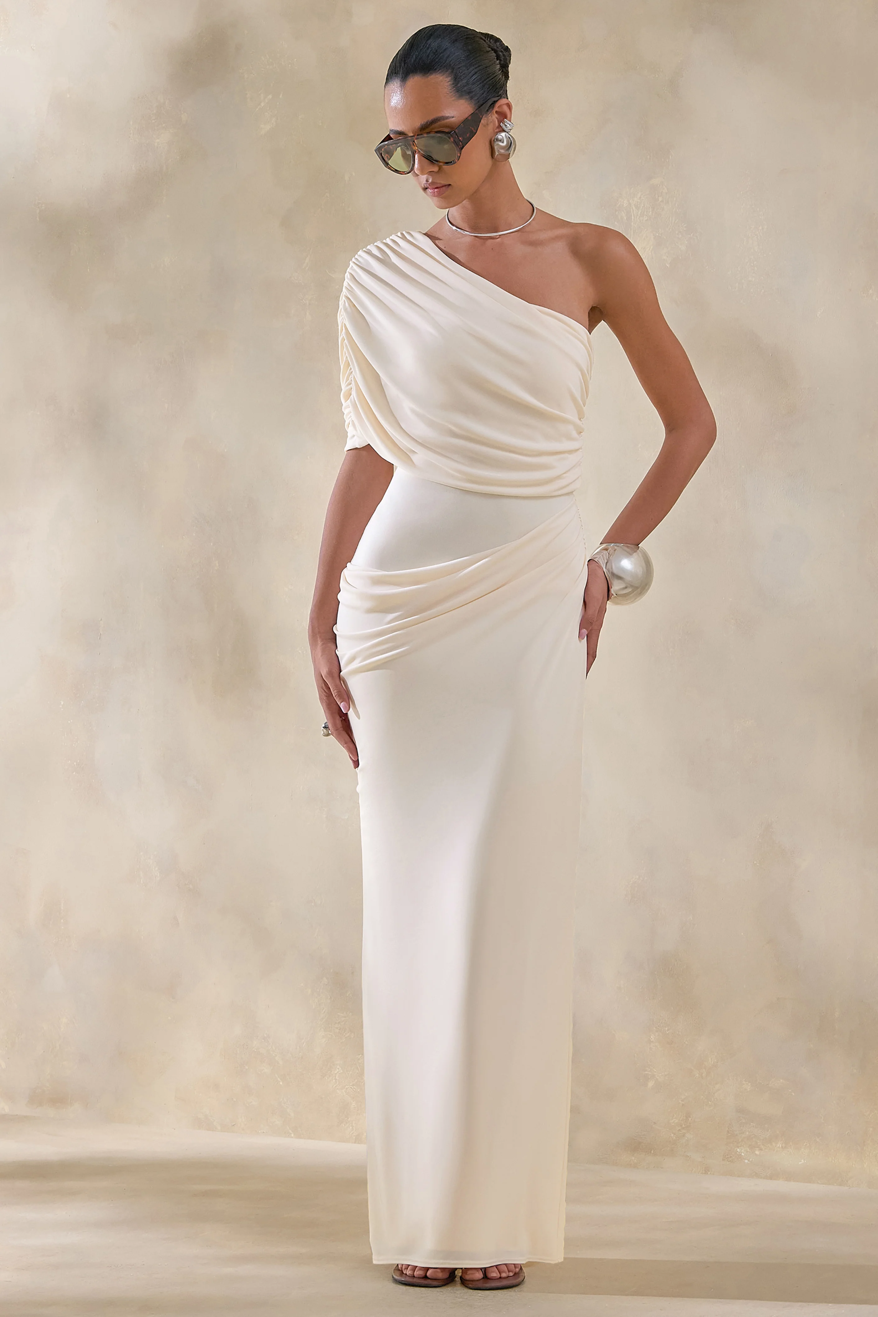Iberia | Cream Asymmetric-Neck Maxi Dress With Draped Detail - Image 4