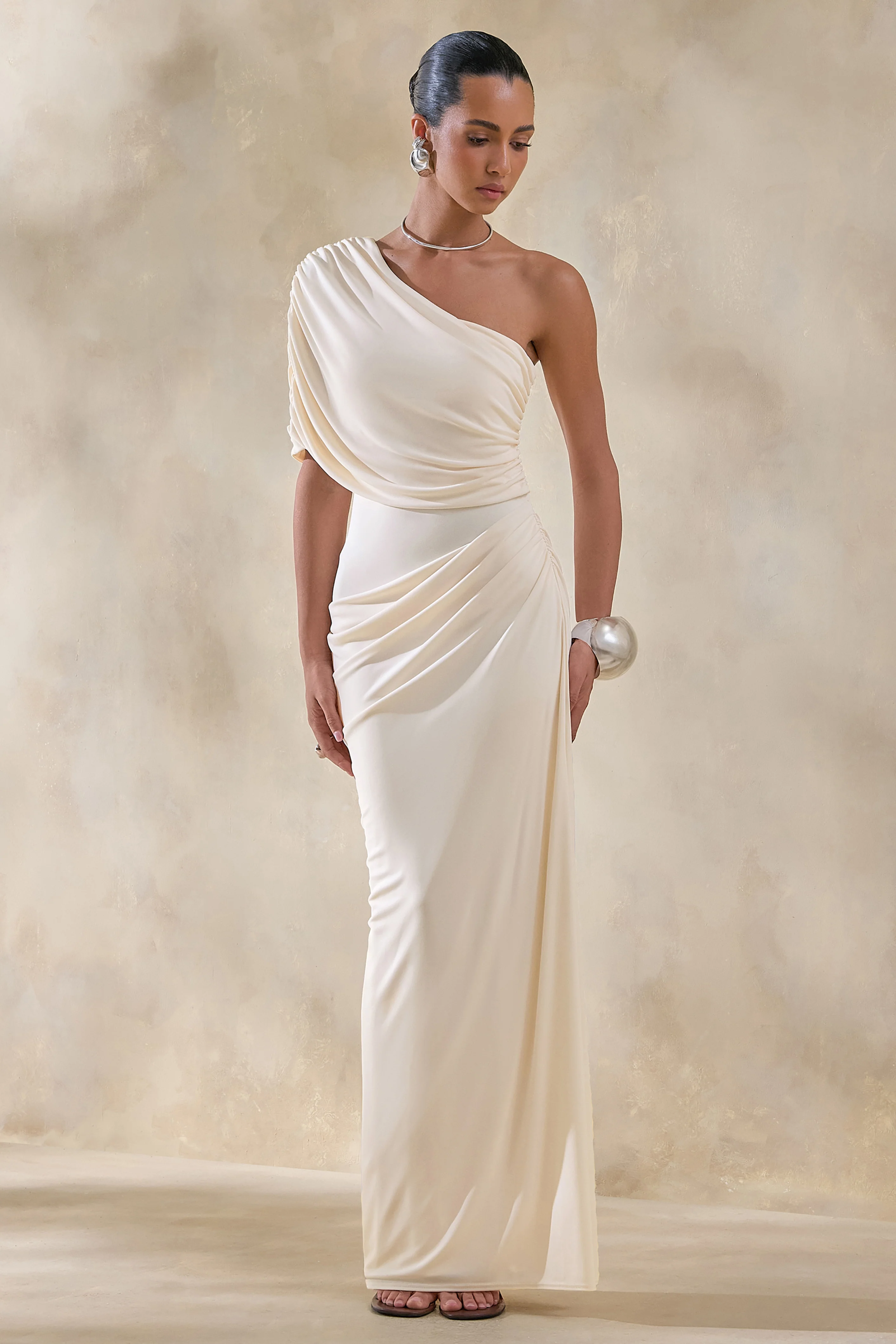 Iberia | Cream Asymmetric-Neck Maxi Dress With Draped Detail - Image 5