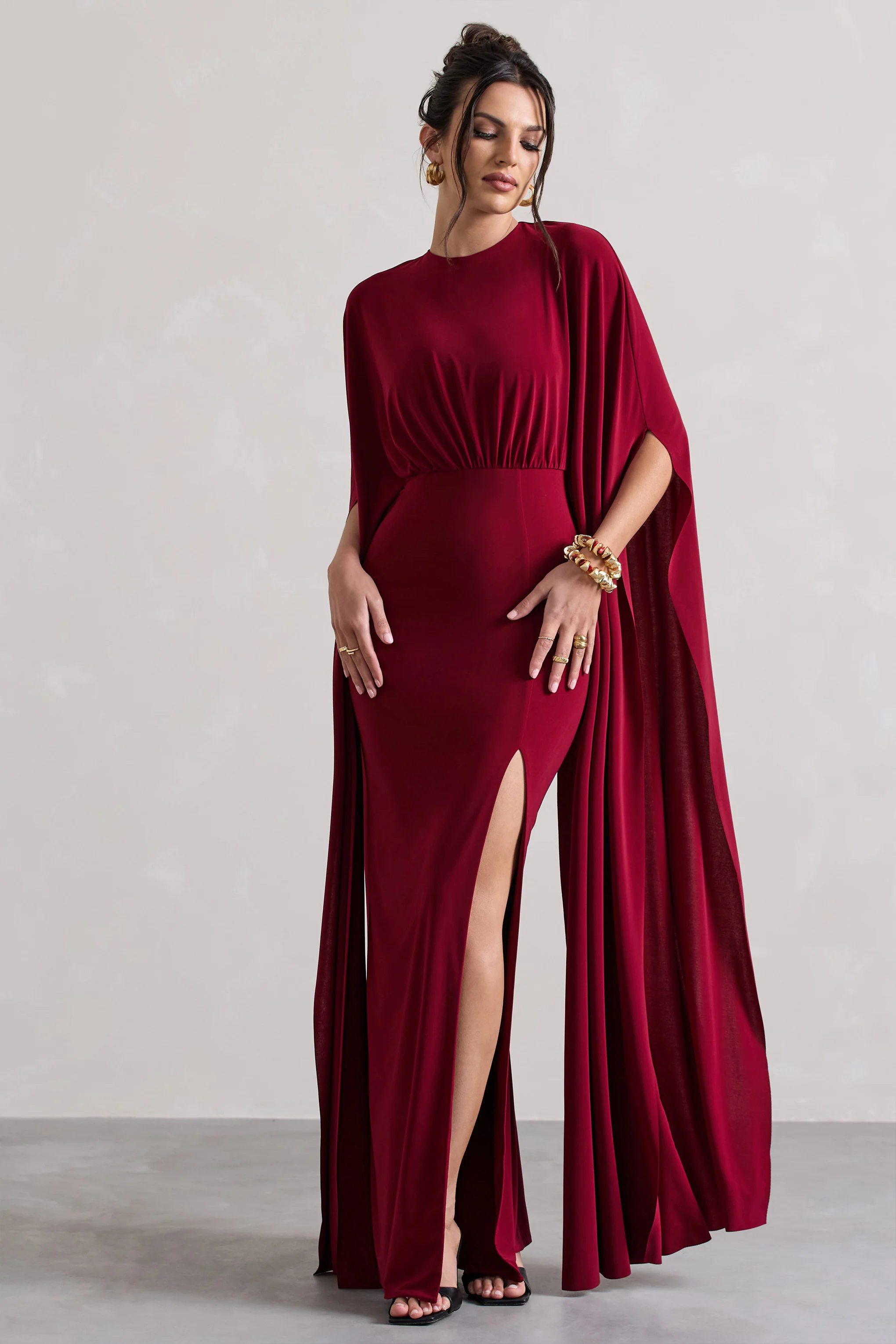 Ilaria | Berry Cape Sleeve Split Maxi Dress - Image 4