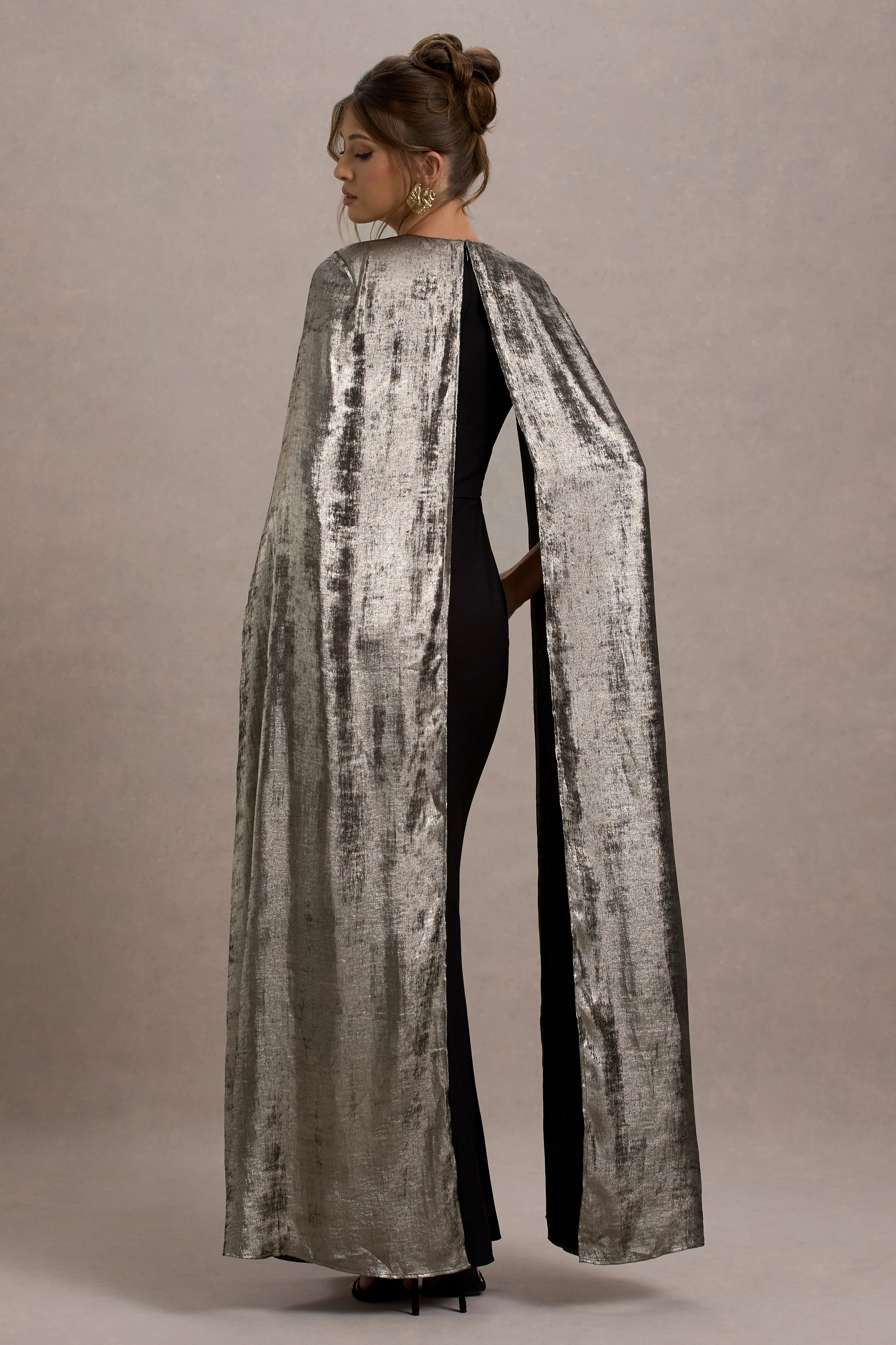 Ilenia | Black V-Neck Maxi Dress With Metallic Cape - Image 2