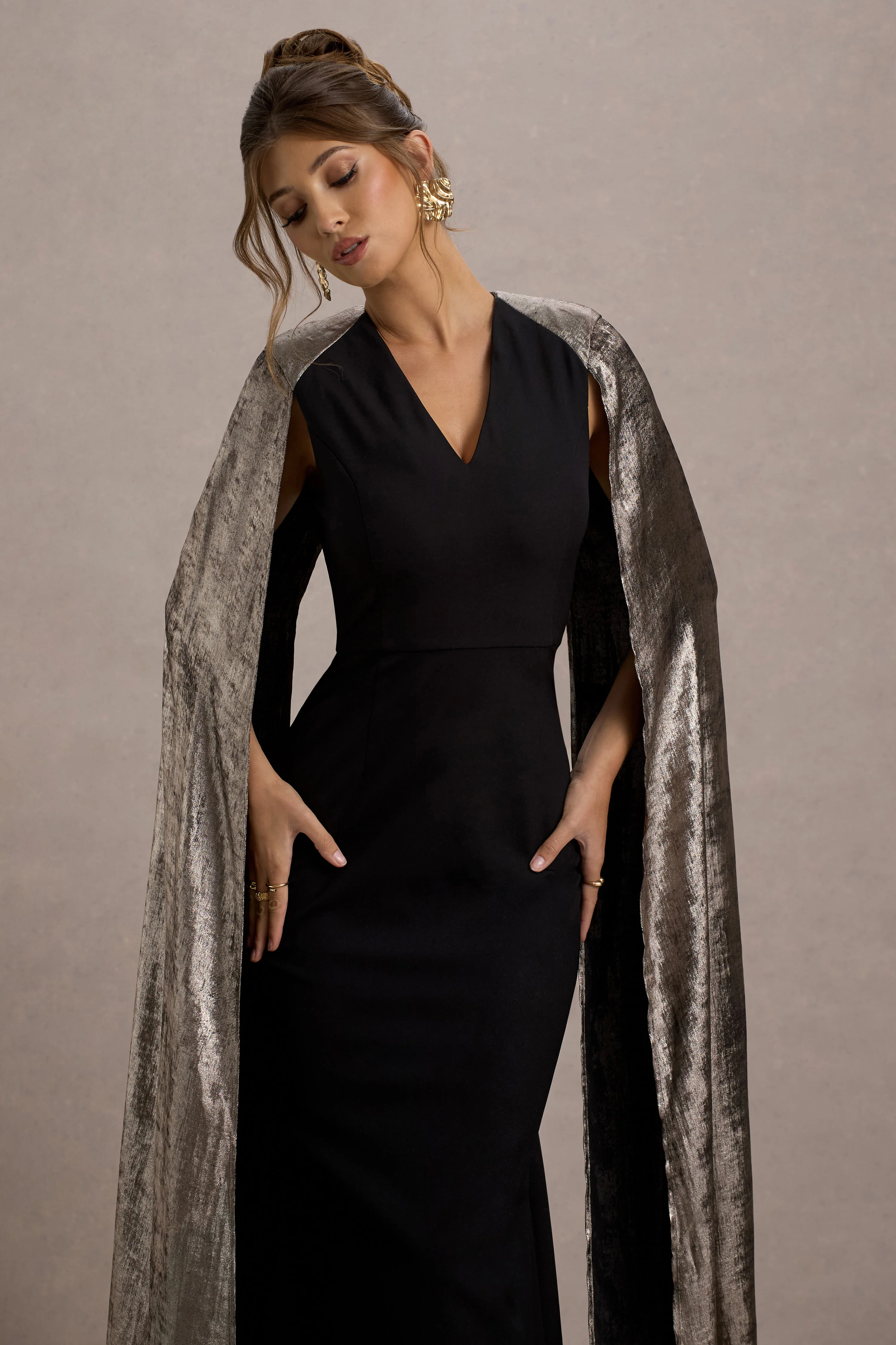Ilenia | Black V-Neck Maxi Dress With Metallic Cape - Image 3