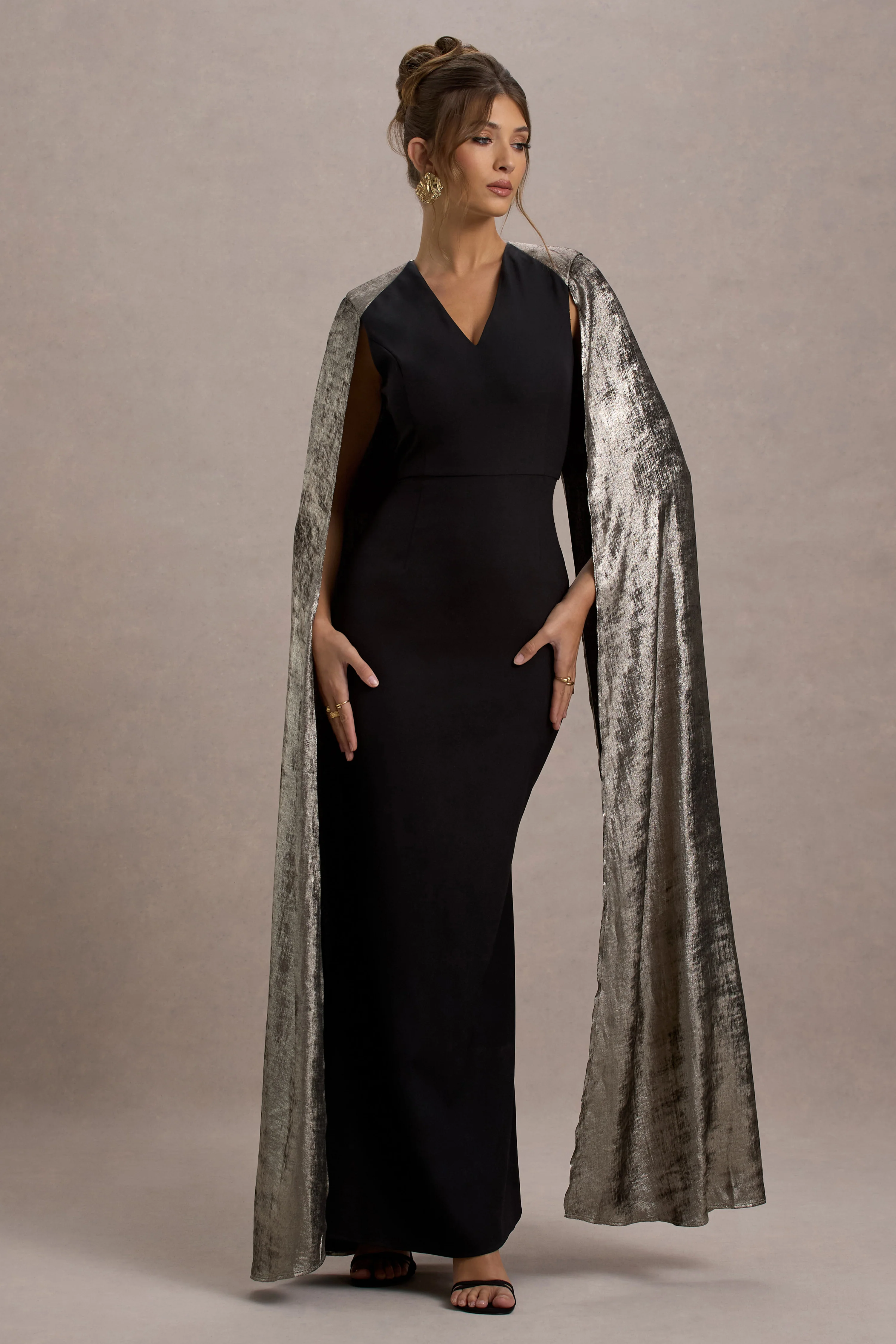 Ilenia | Black V-Neck Maxi Dress With Metallic Cape - Image 5