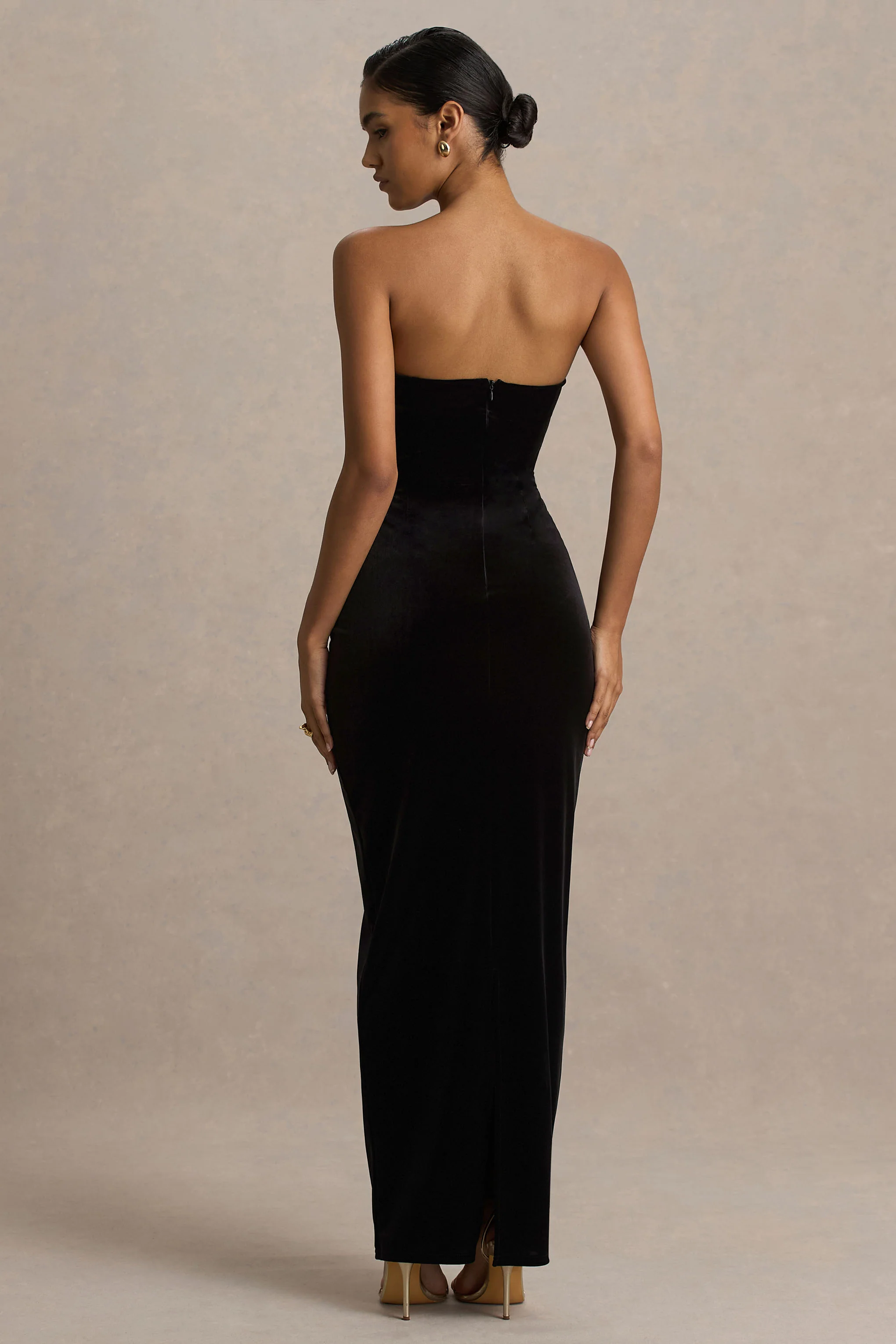 Illusion | Black Velvet Bandeau Maxi Dress With Bow Detail - Image 2