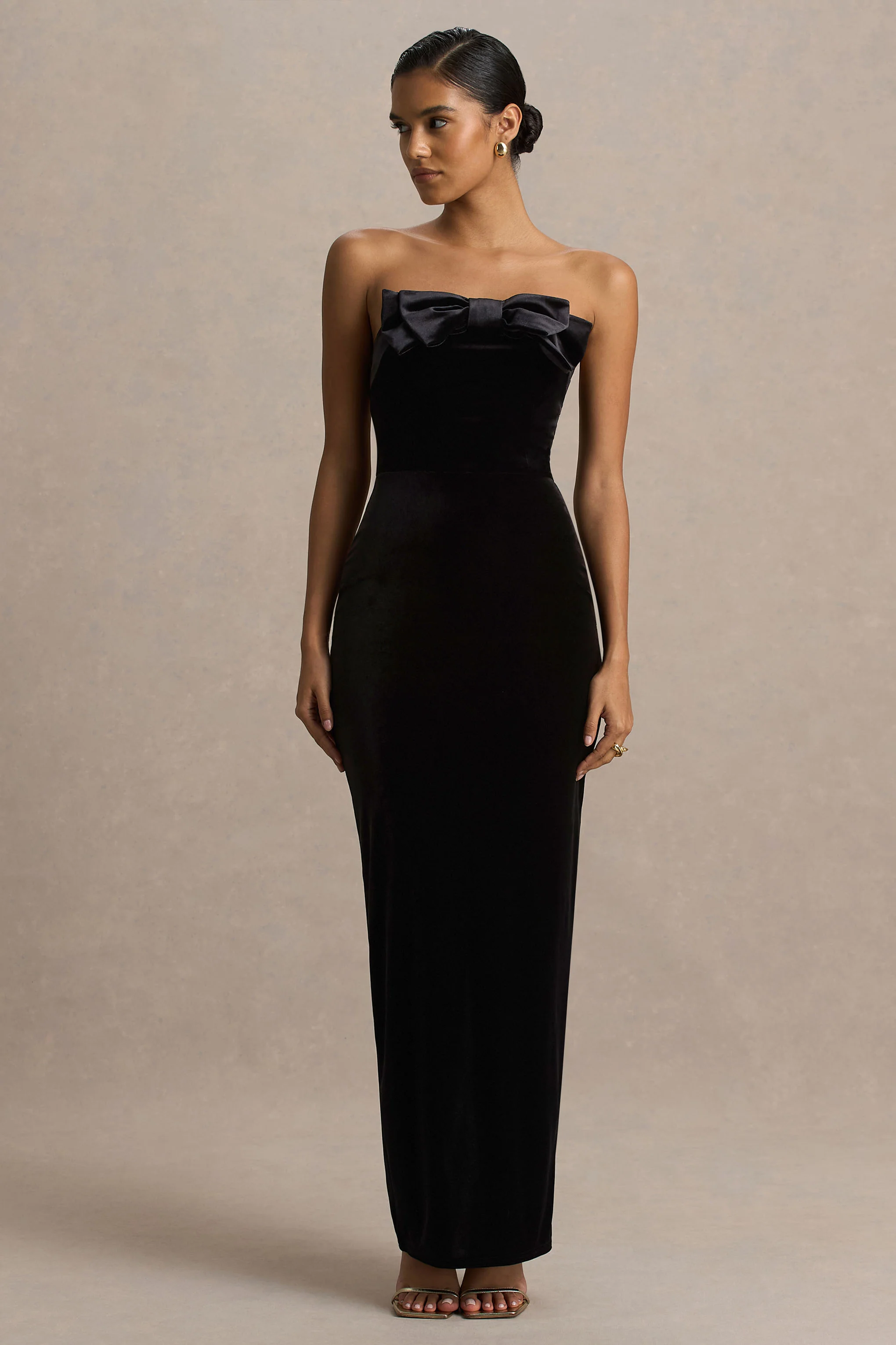 Illusion | Black Velvet Bandeau Maxi Dress With Bow Detail - Image 3