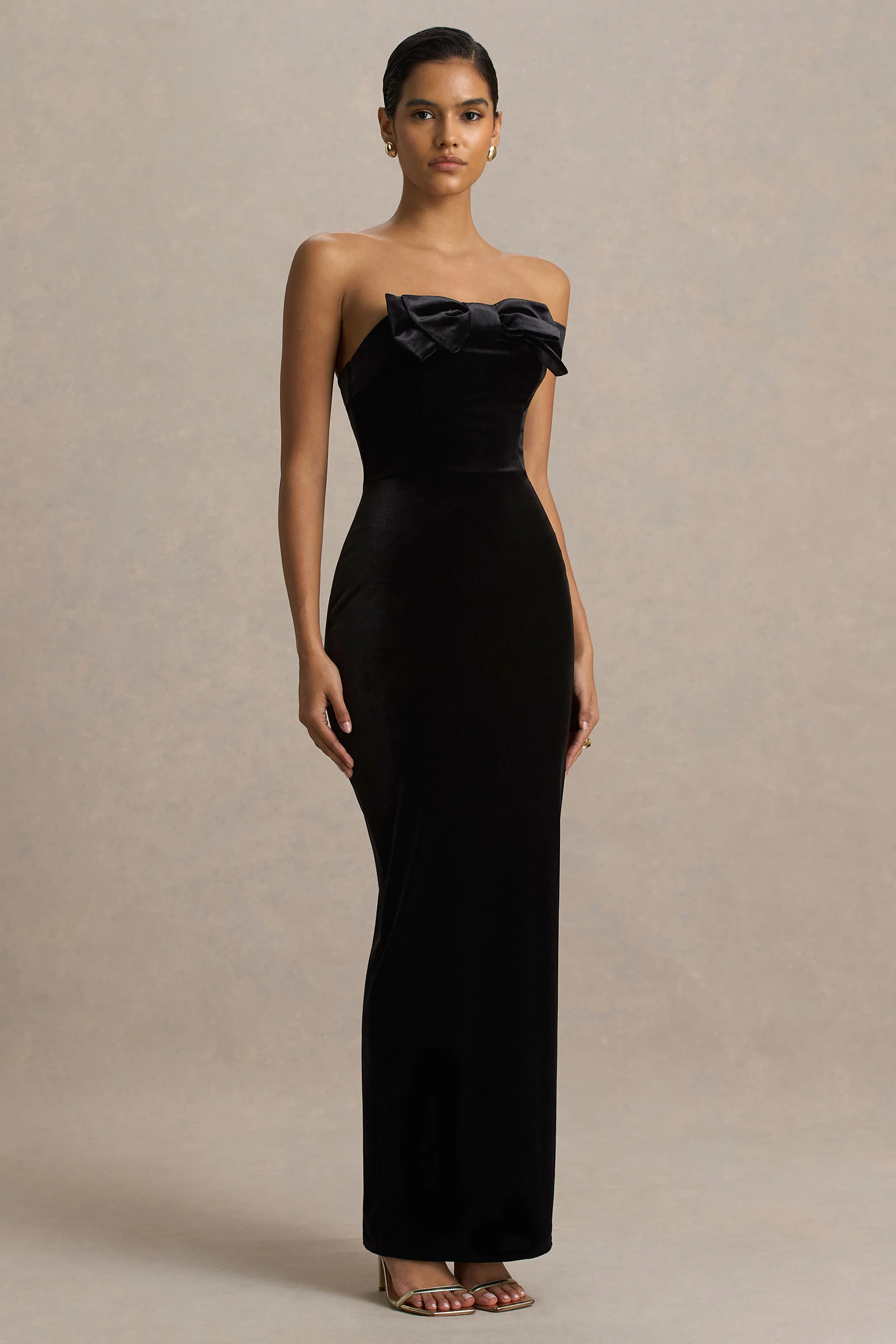 Illusion | Black Velvet Bandeau Maxi Dress With Bow Detail - Image 4