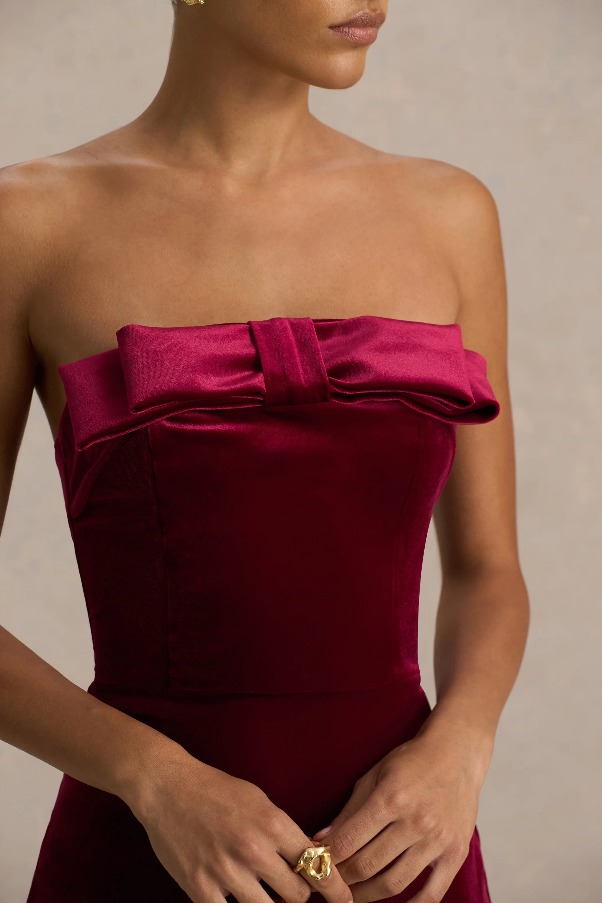 Illusion | Burgundy Velvet Bandeau Maxi Dress With Bow Detail - Image 3