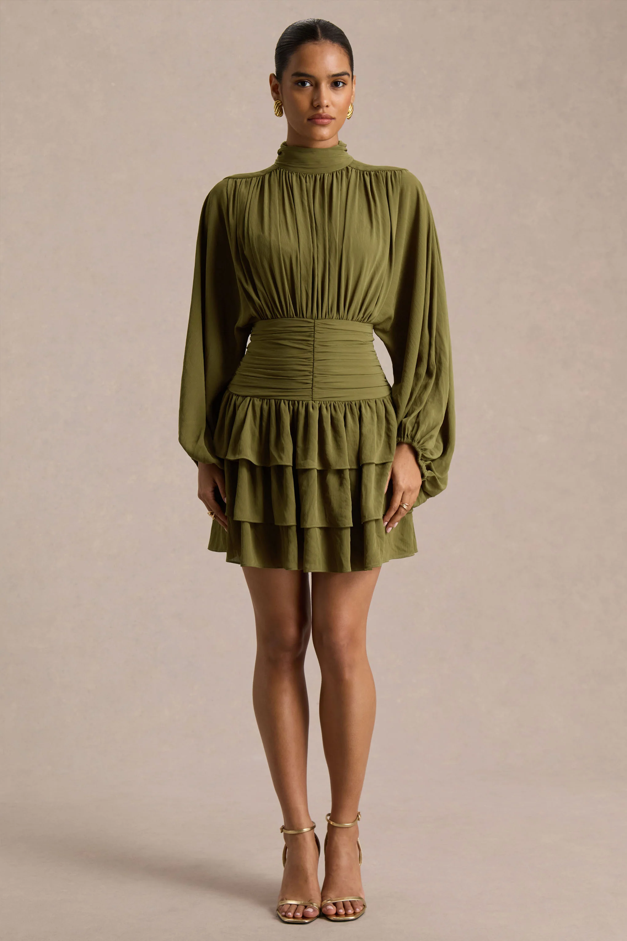 Imma | Olive High-Neck Mini Dress With Ruffled Detailing - Image 4