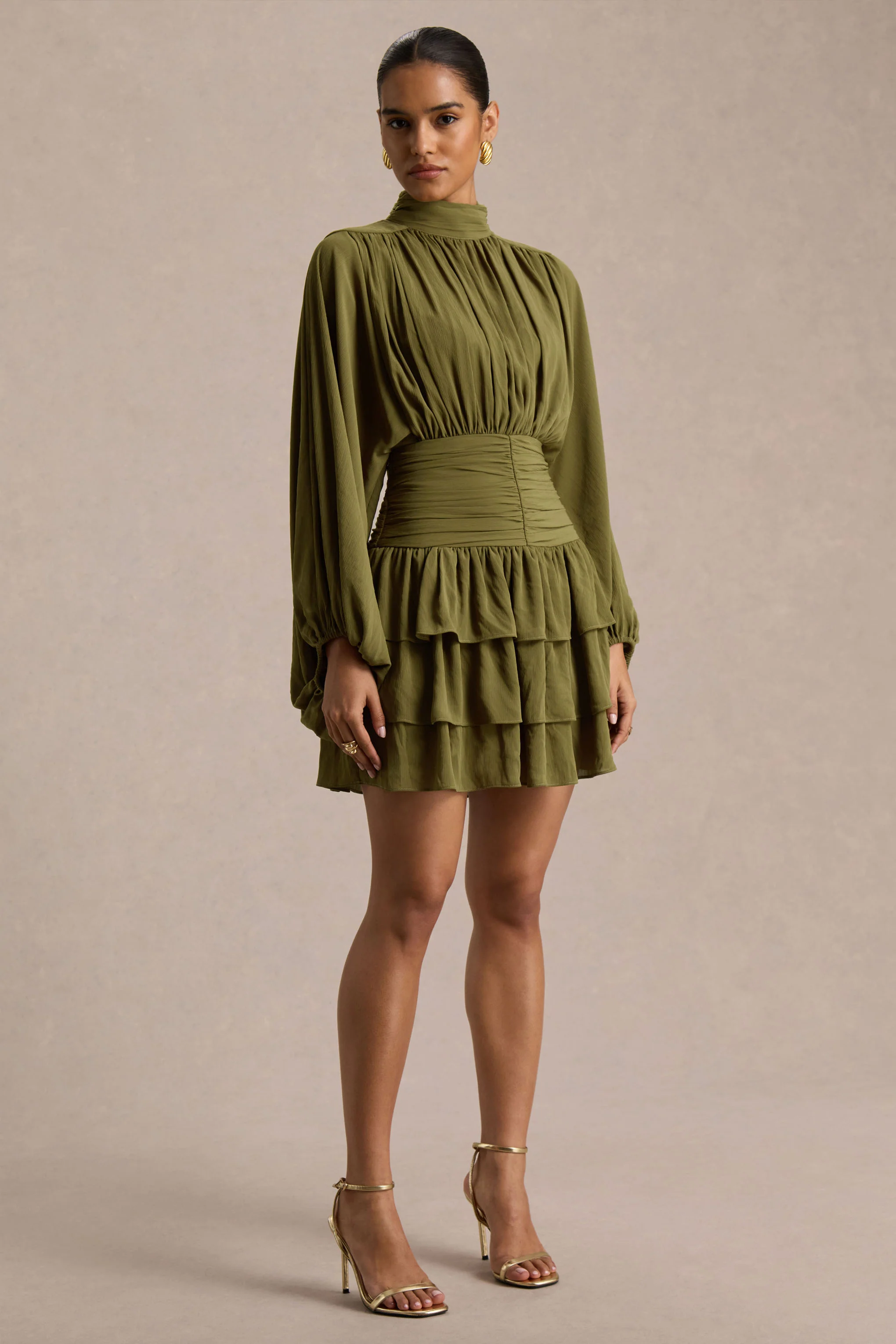 Imma | Olive High-Neck Mini Dress With Ruffled Detailing - Image 5