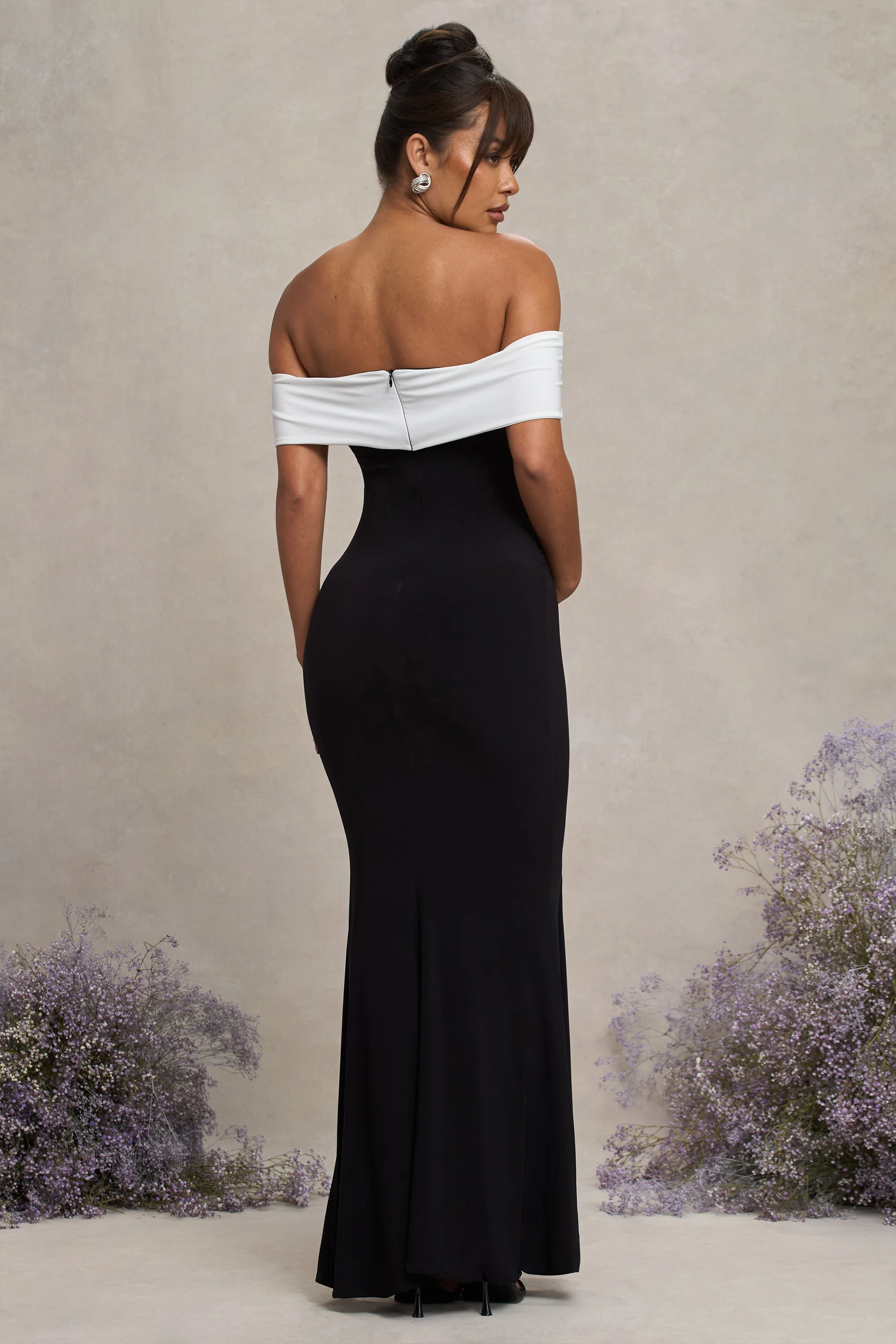 In Bloom | Black & White Bardot Maternity Maxi Dress With Flower - Image 2