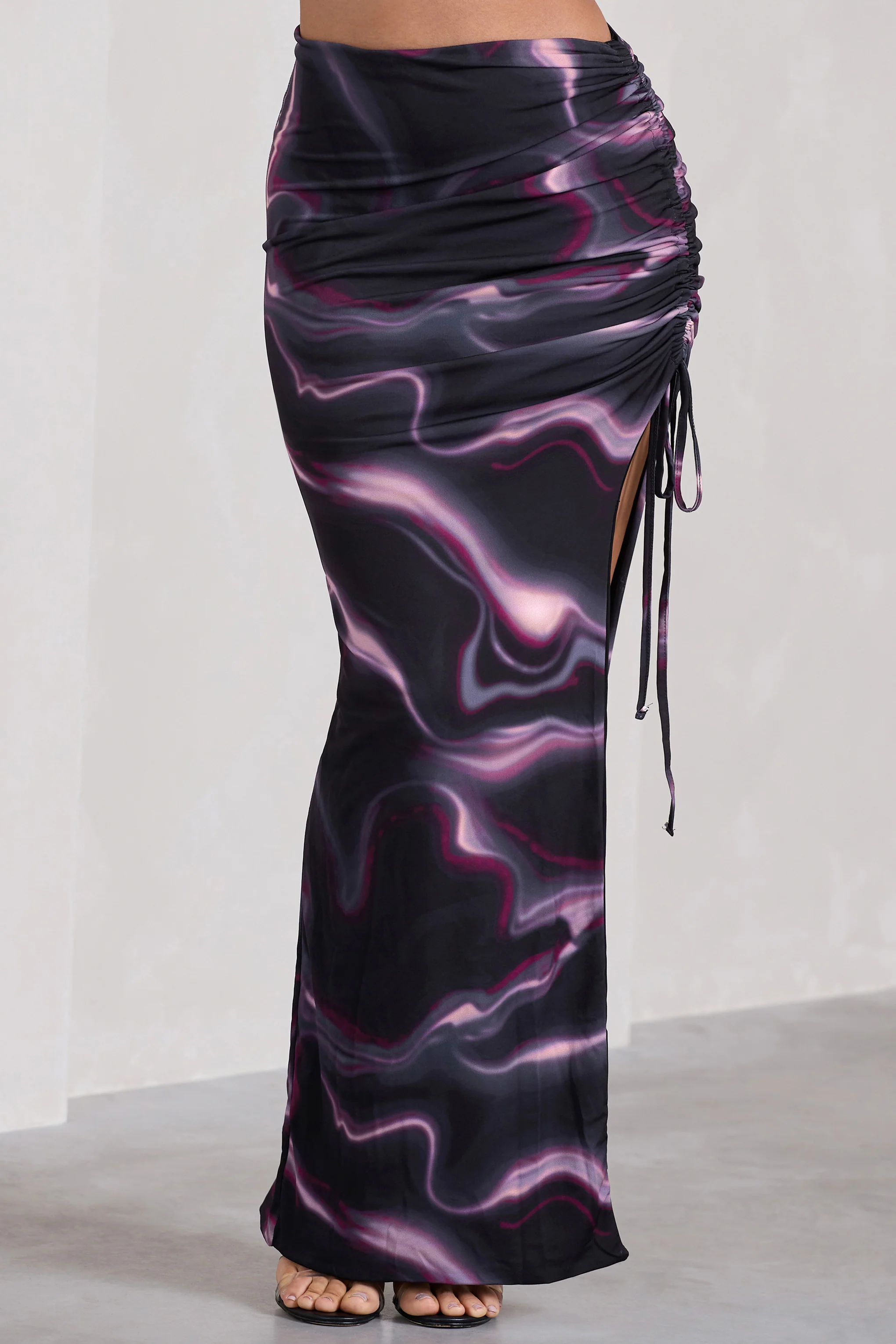 In The Air | Black Printed Ruched Asymmetric High-Waisted Maxi Skirt - Image 3
