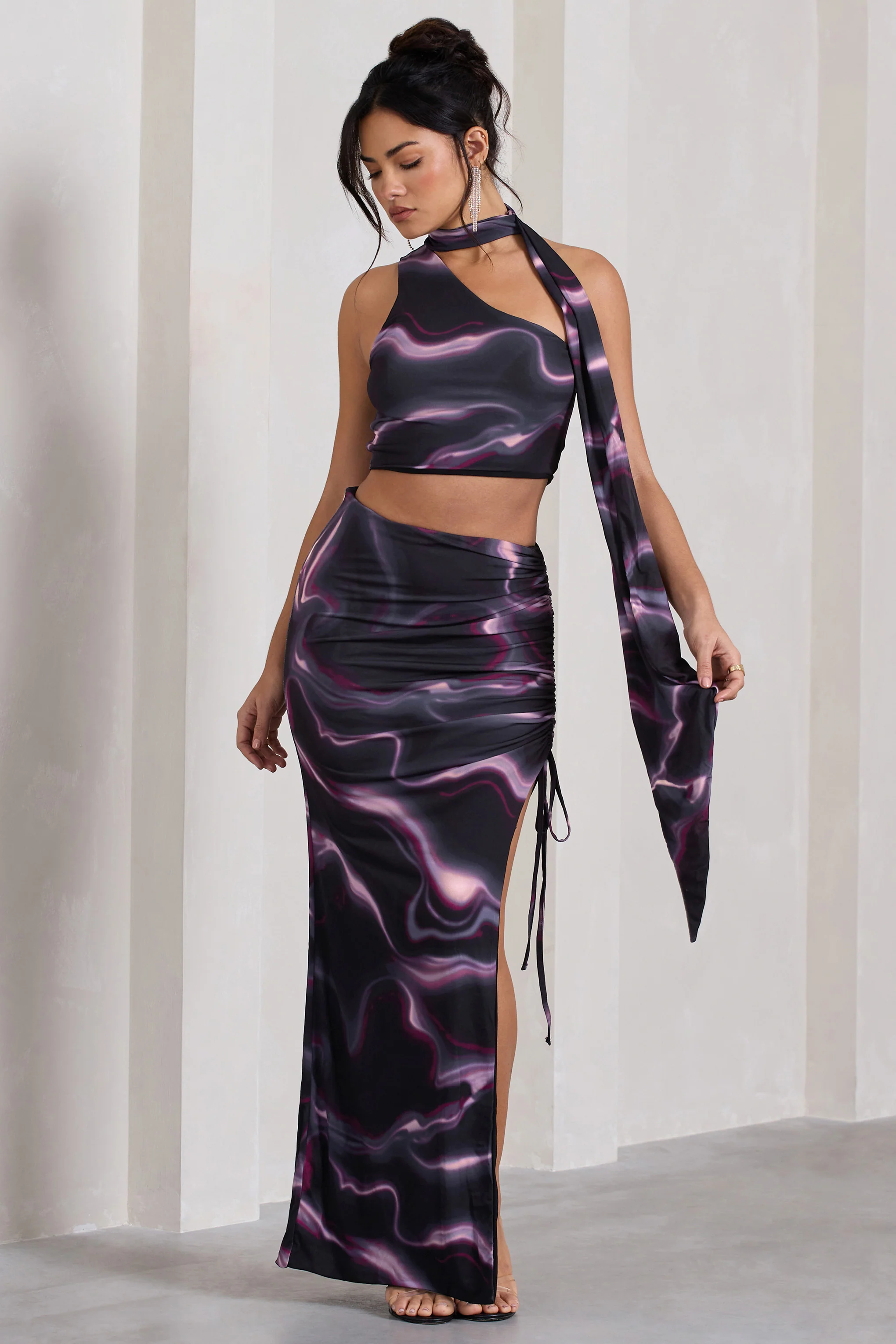 In The Air | Black Printed Ruched Asymmetric High-Waisted Maxi Skirt - Image 6