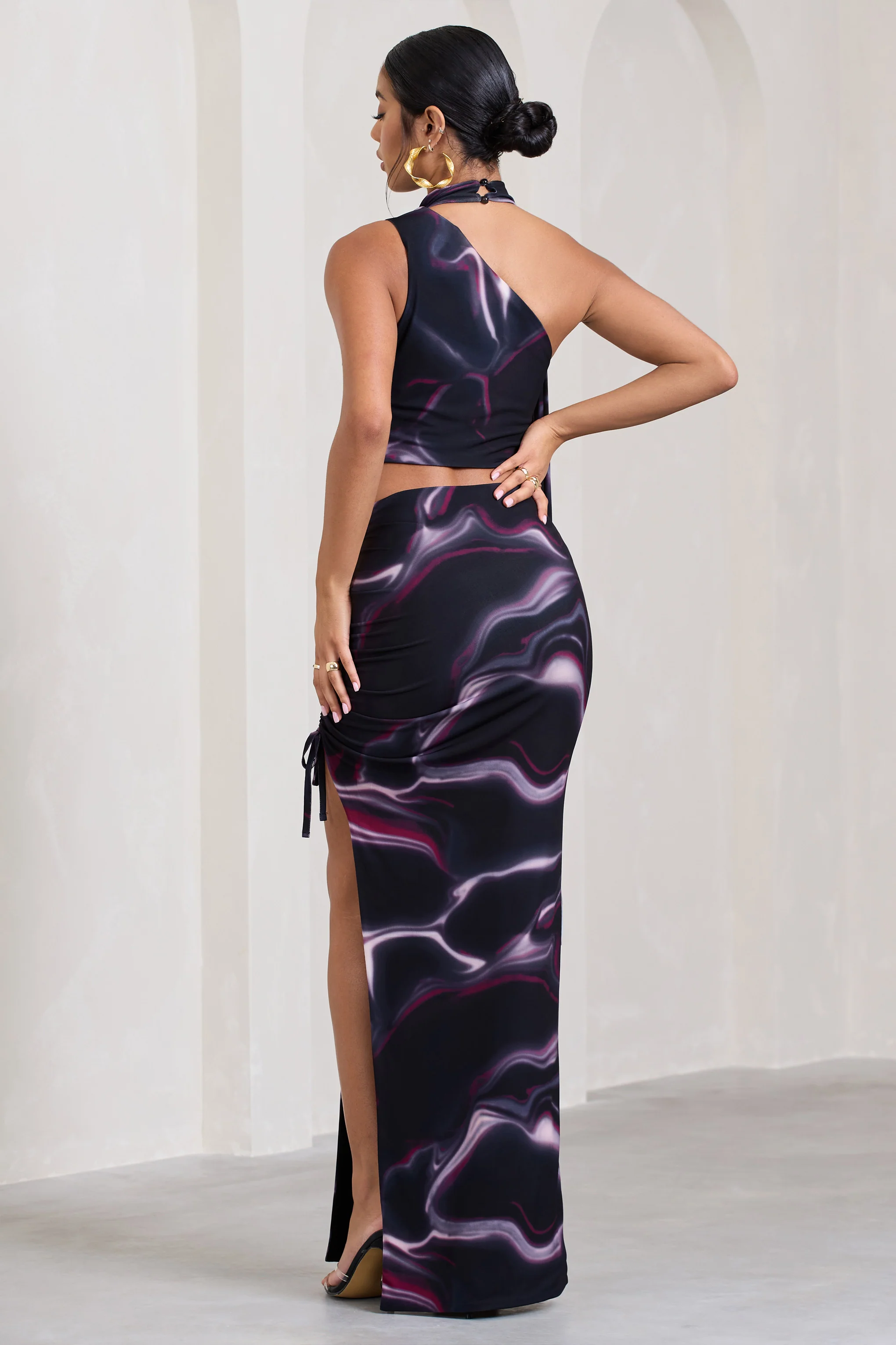 In The Air | Black Printed Ruched Asymmetric High-Waisted Maxi Skirt - Image 8