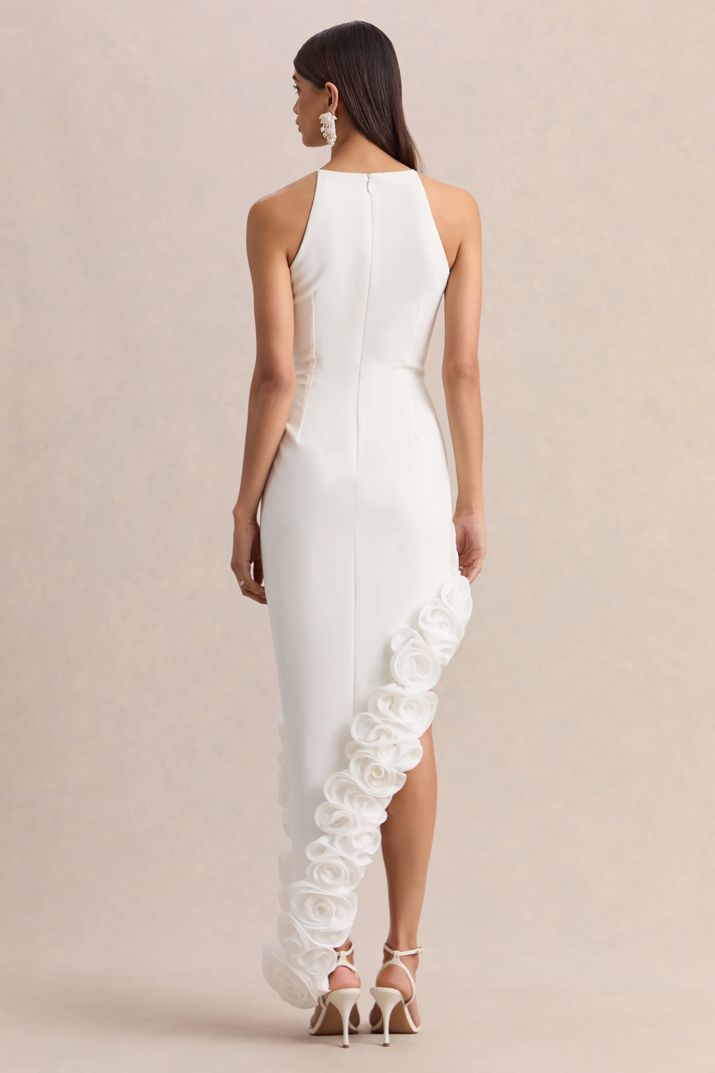 Indira | White Halter-Neck Maxi Dress With Asymmetric-Floral Hem - Image 2