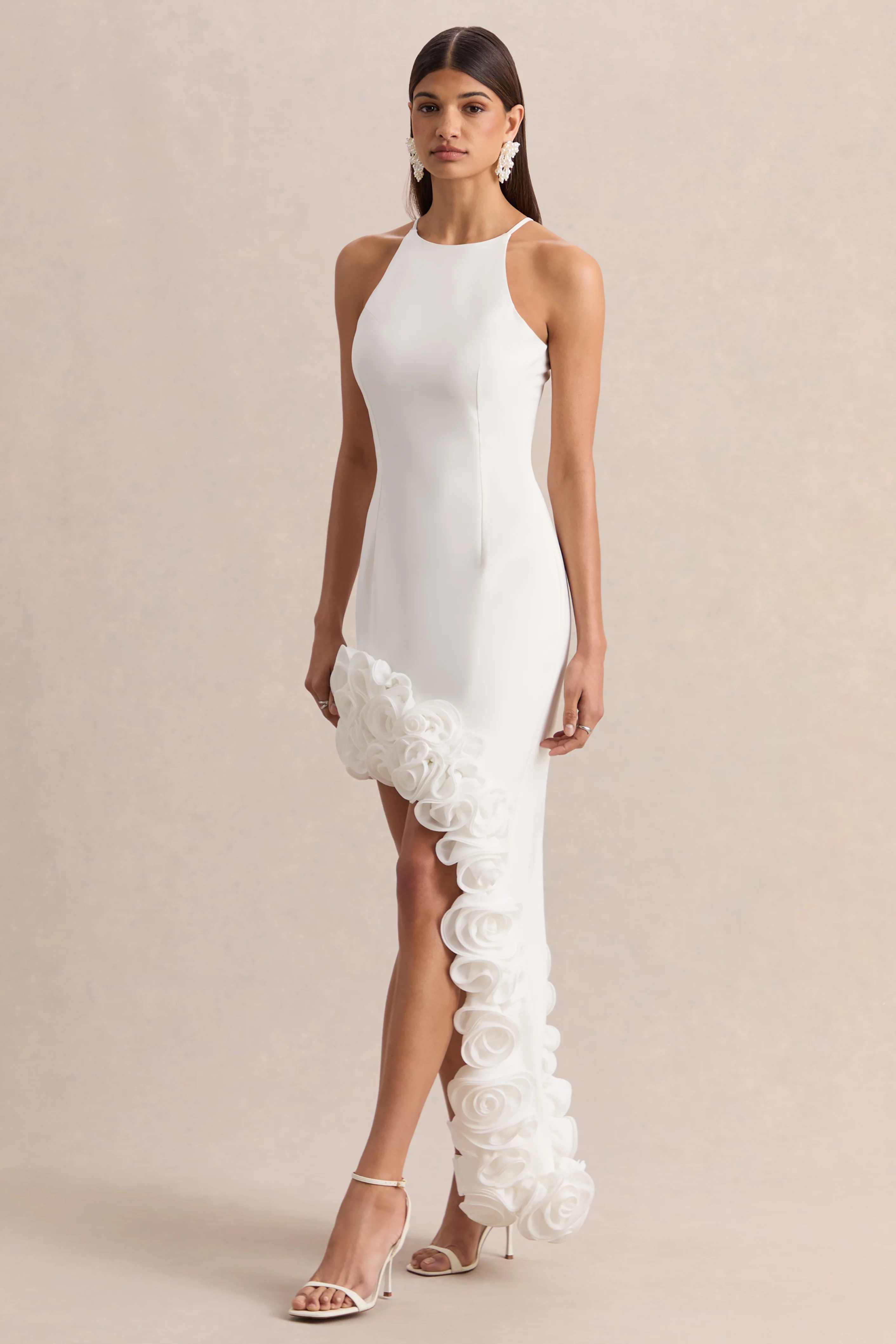Indira | White Halter-Neck Maxi Dress With Asymmetric-Floral Hem - Image 4