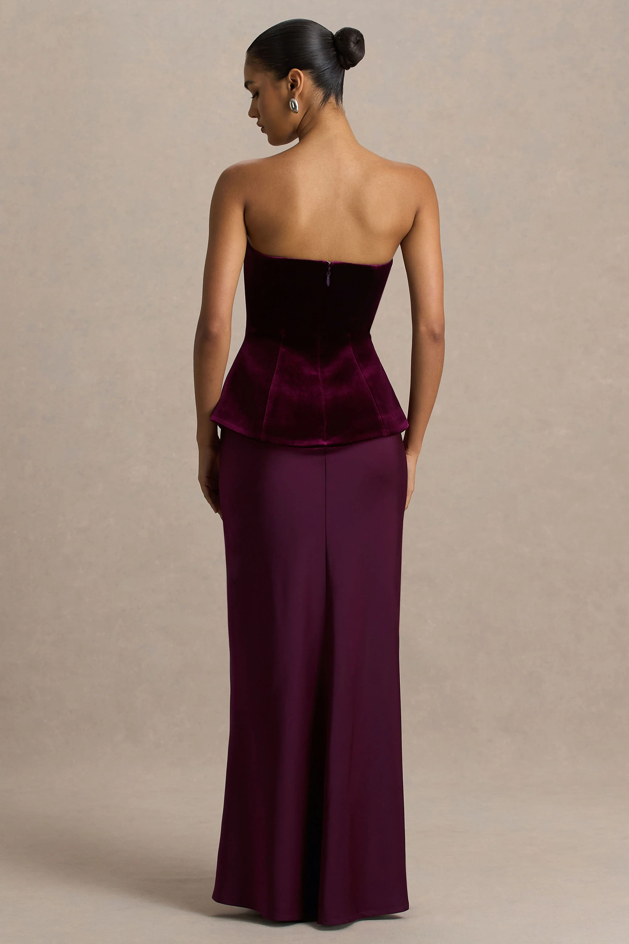 Indulgent | Burgundy Velvet And Satin Bandeau Corset Maxi Dress - Image 2