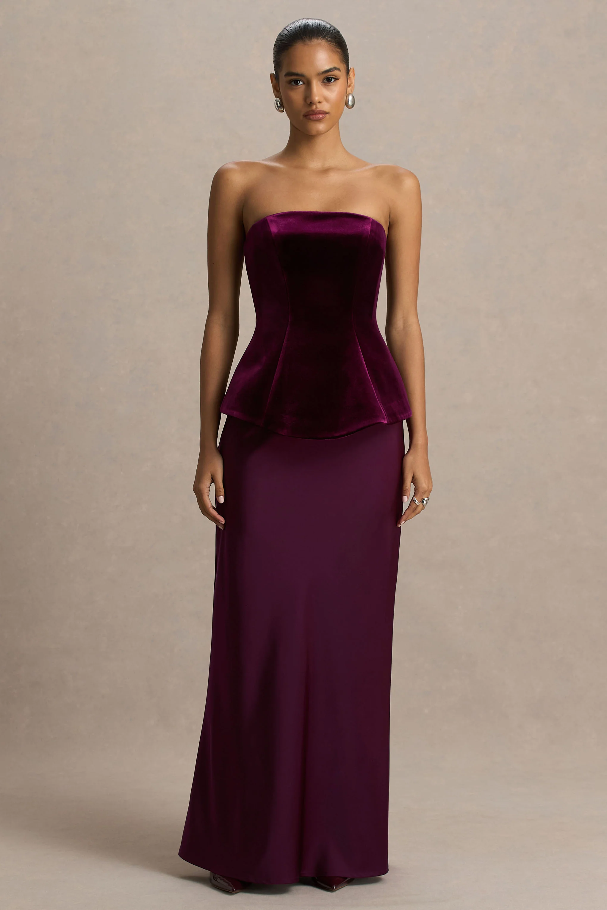 Indulgent | Burgundy Velvet And Satin Bandeau Corset Maxi Dress - Image 4