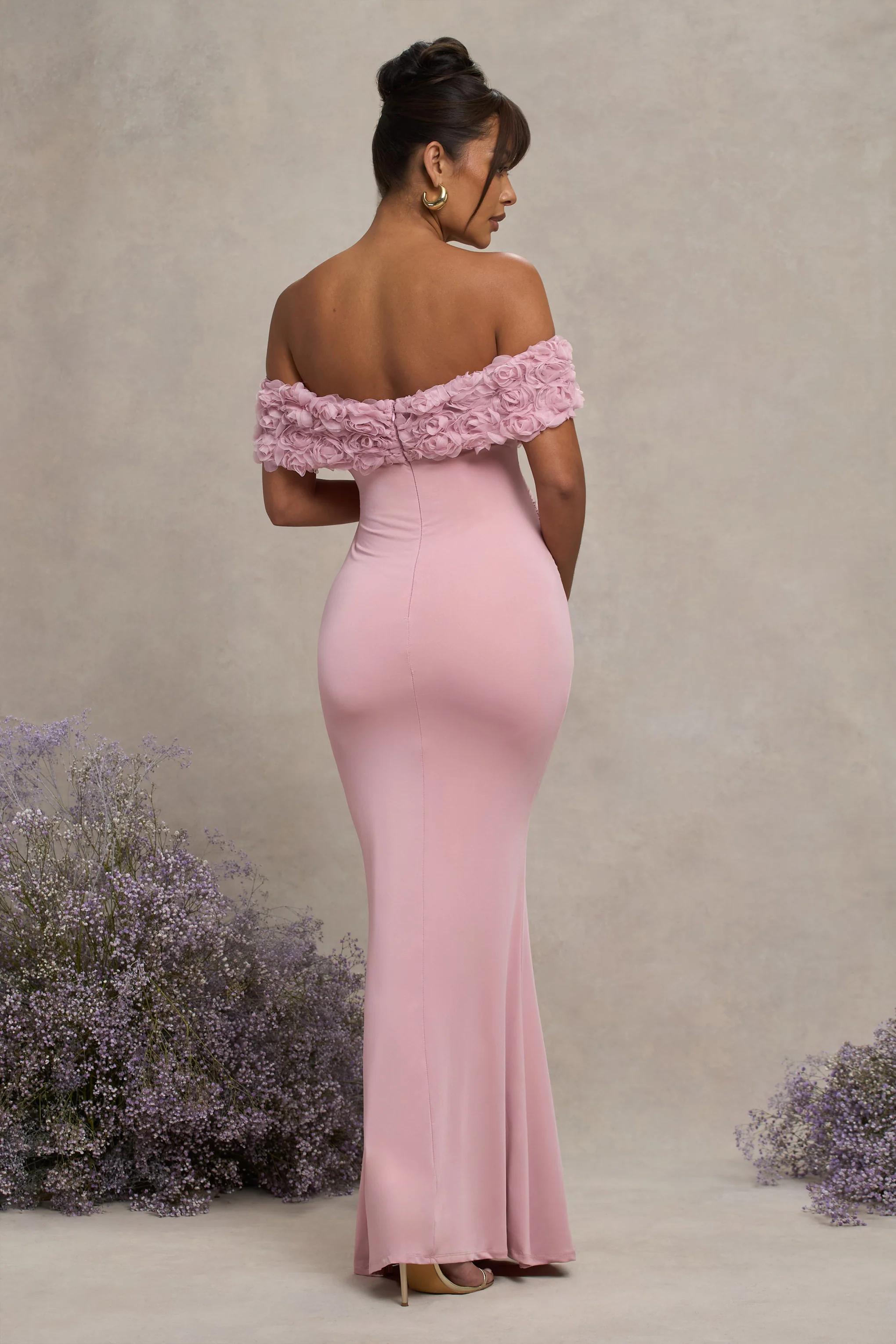 Inflorescence | Blush Pink Mesh Floral Bardot Maternity Maxi Dress - Image 2