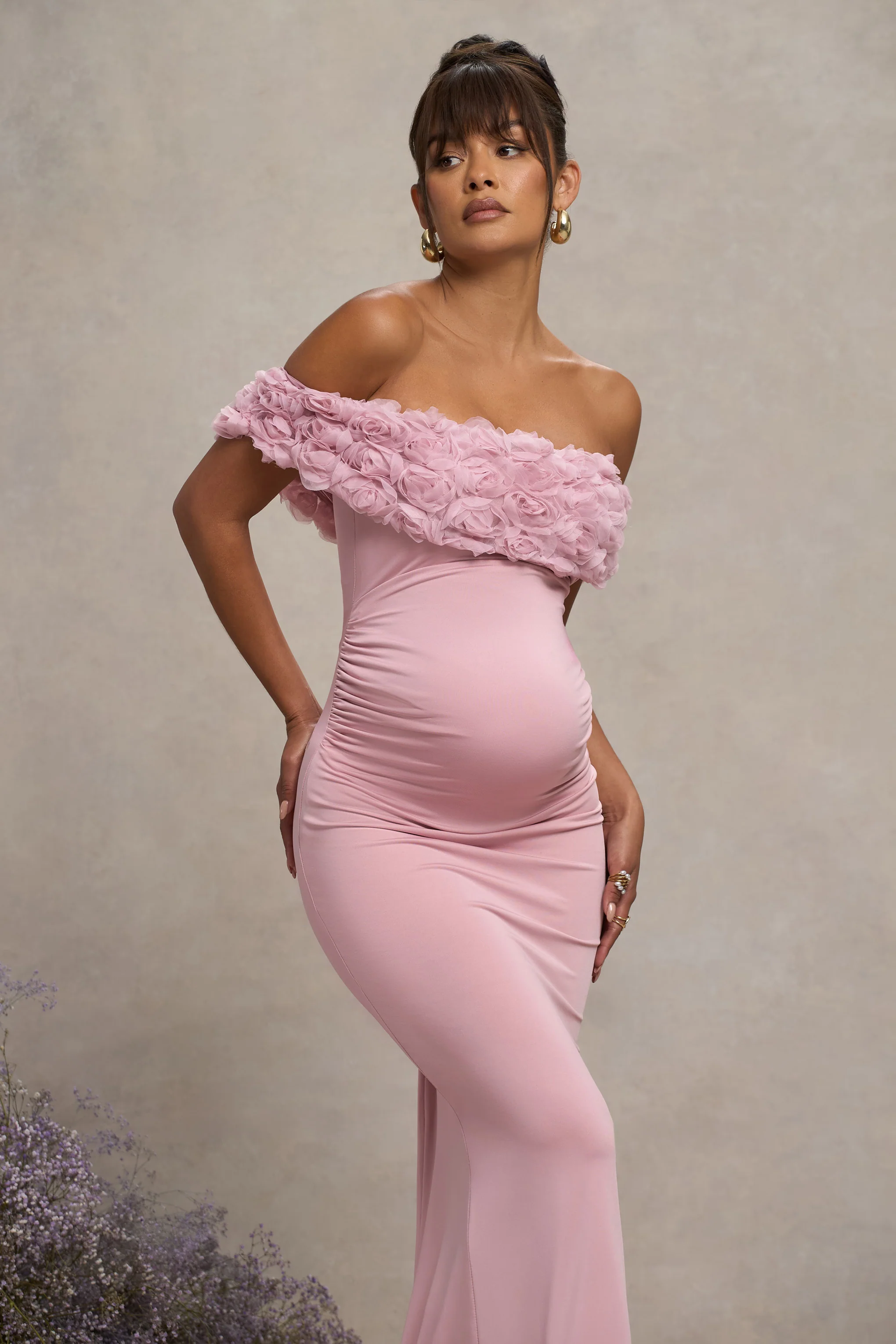 Inflorescence | Blush Pink Mesh Floral Bardot Maternity Maxi Dress - Image 3