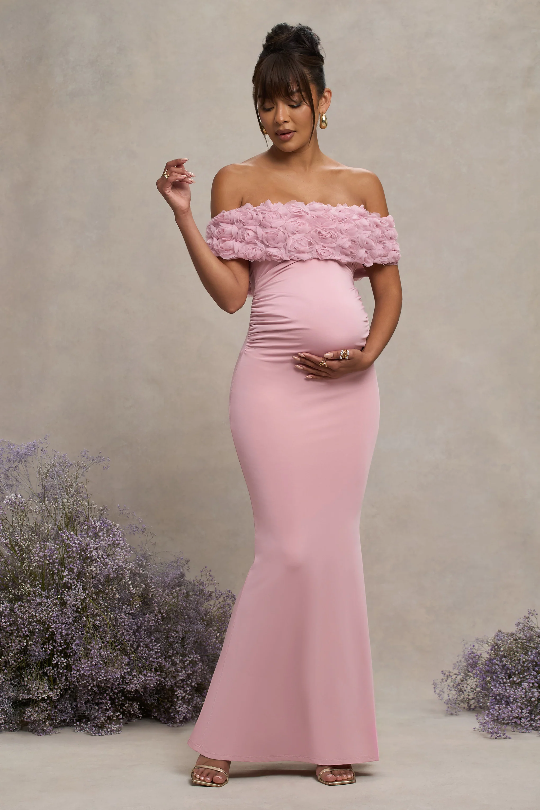 Inflorescence | Blush Pink Mesh Floral Bardot Maternity Maxi Dress - Image 4