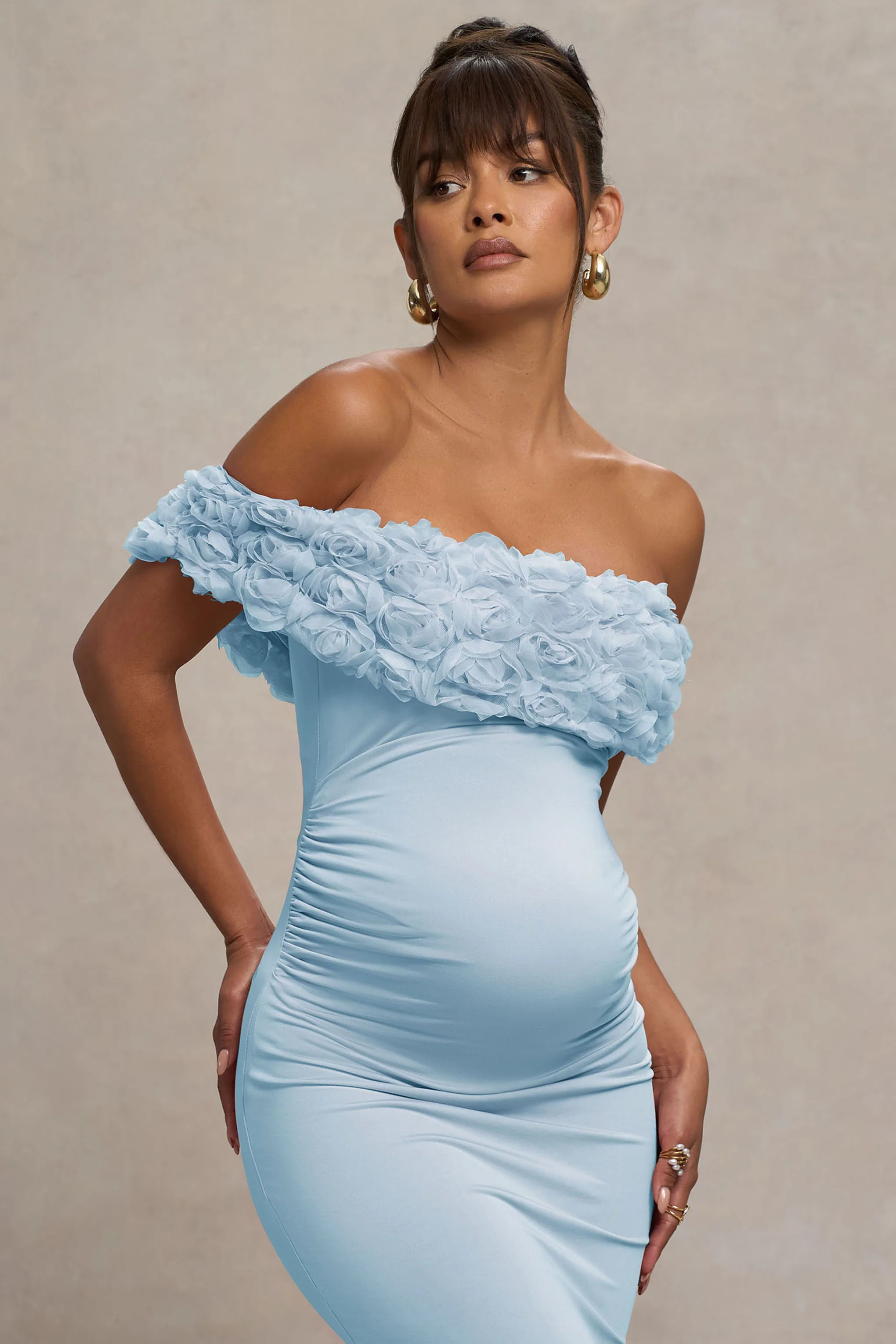 Inflorescence | Powder Blue Mesh Floral Bardot Maternity Maxi Dress - Image 3