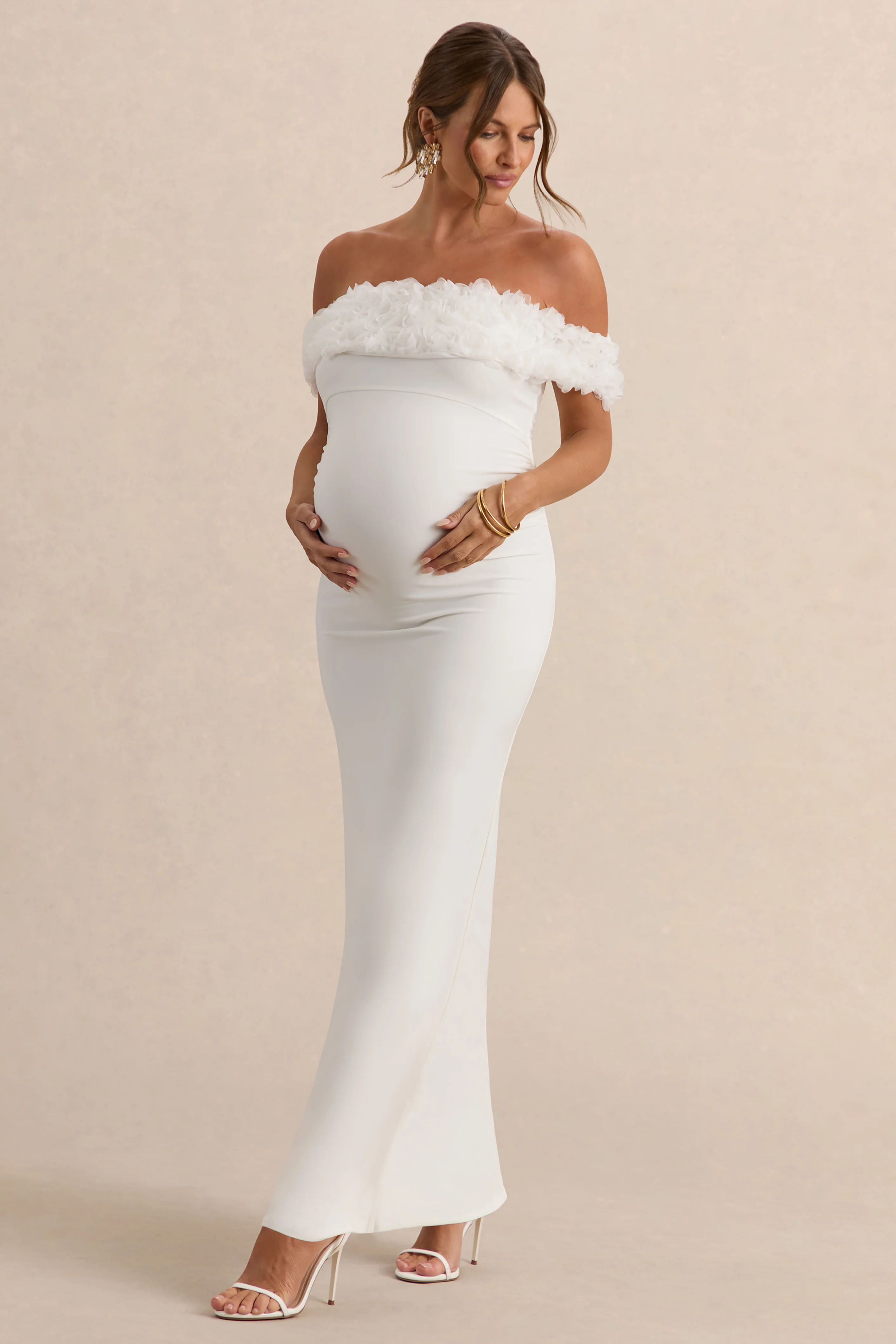 Inflorescence | White Mesh Floral Bardot Maternity Maxi Dress - Image 6