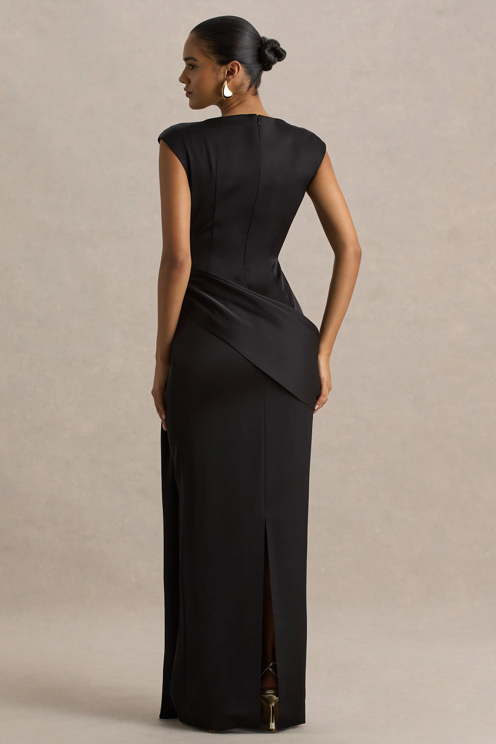 Influence | Black Satin Slashed-Neck Maxi Dress With Embellished Detail And Sash - Image 2