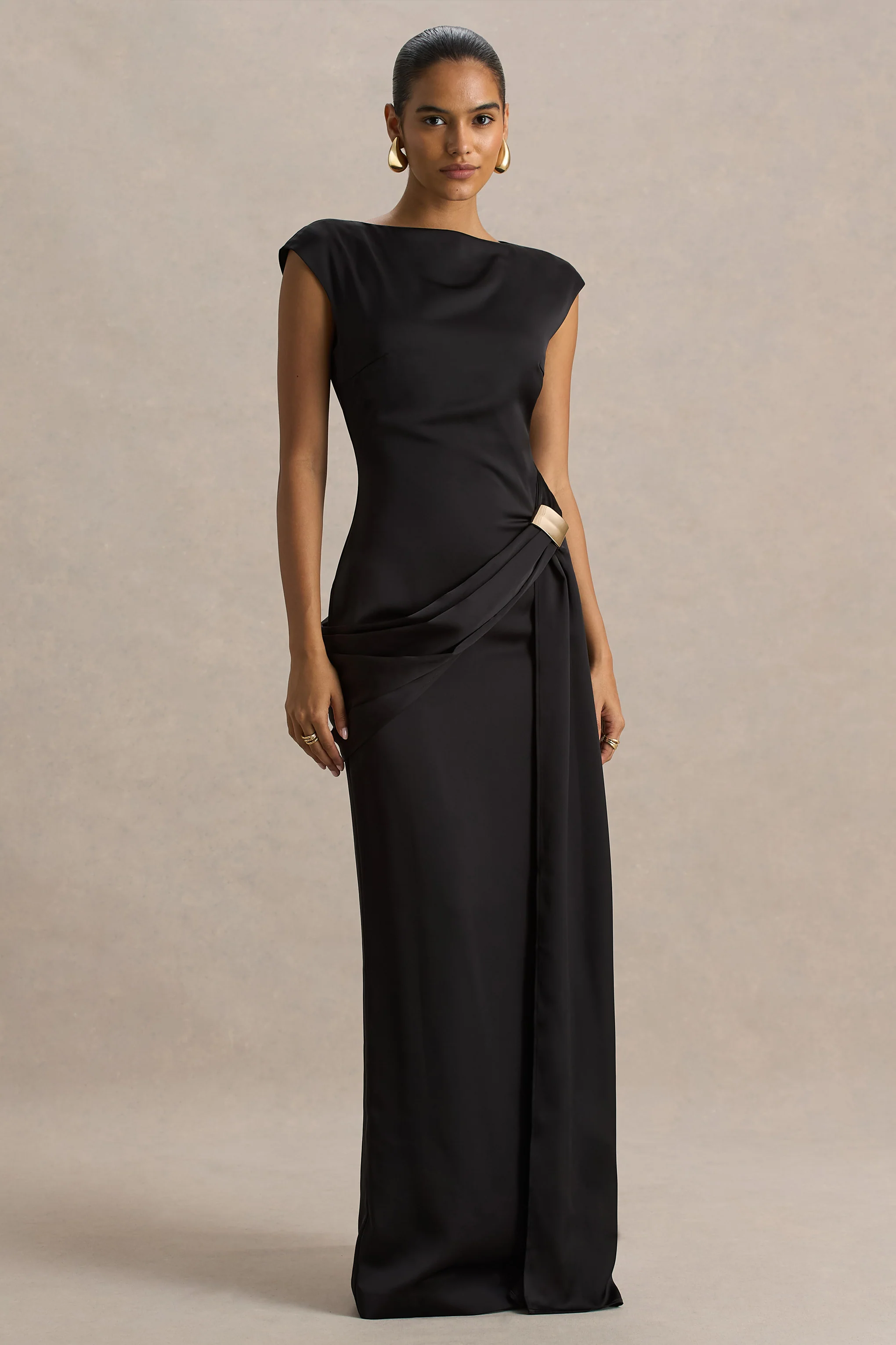Influence | Black Satin Slashed-Neck Maxi Dress With Embellished Detail And Sash - Image 3
