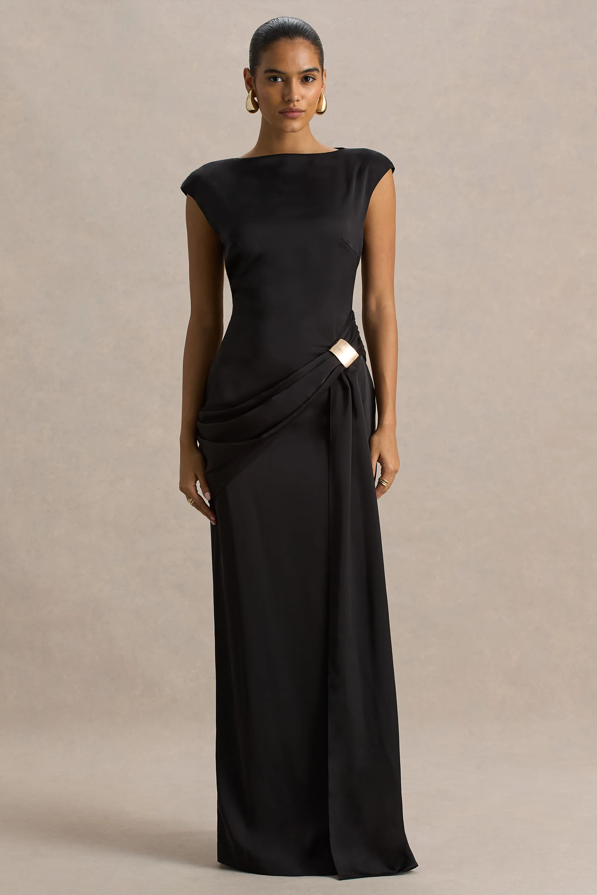 Influence | Black Satin Slashed-Neck Maxi Dress With Embellished Detail And Sash - Image 5