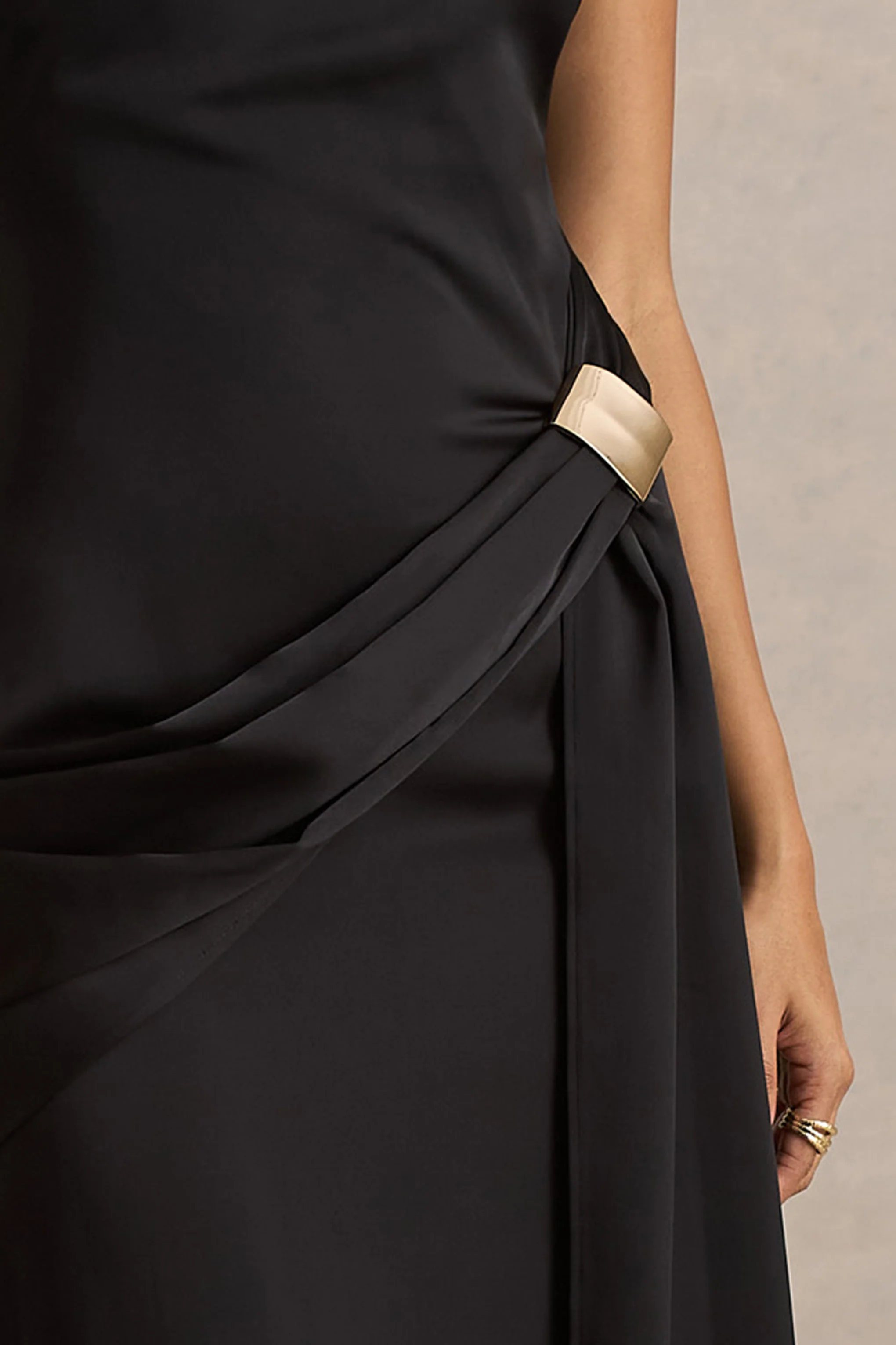 Influence | Black Satin Slashed-Neck Maxi Dress With Embellished Detail And Sash - Image 6