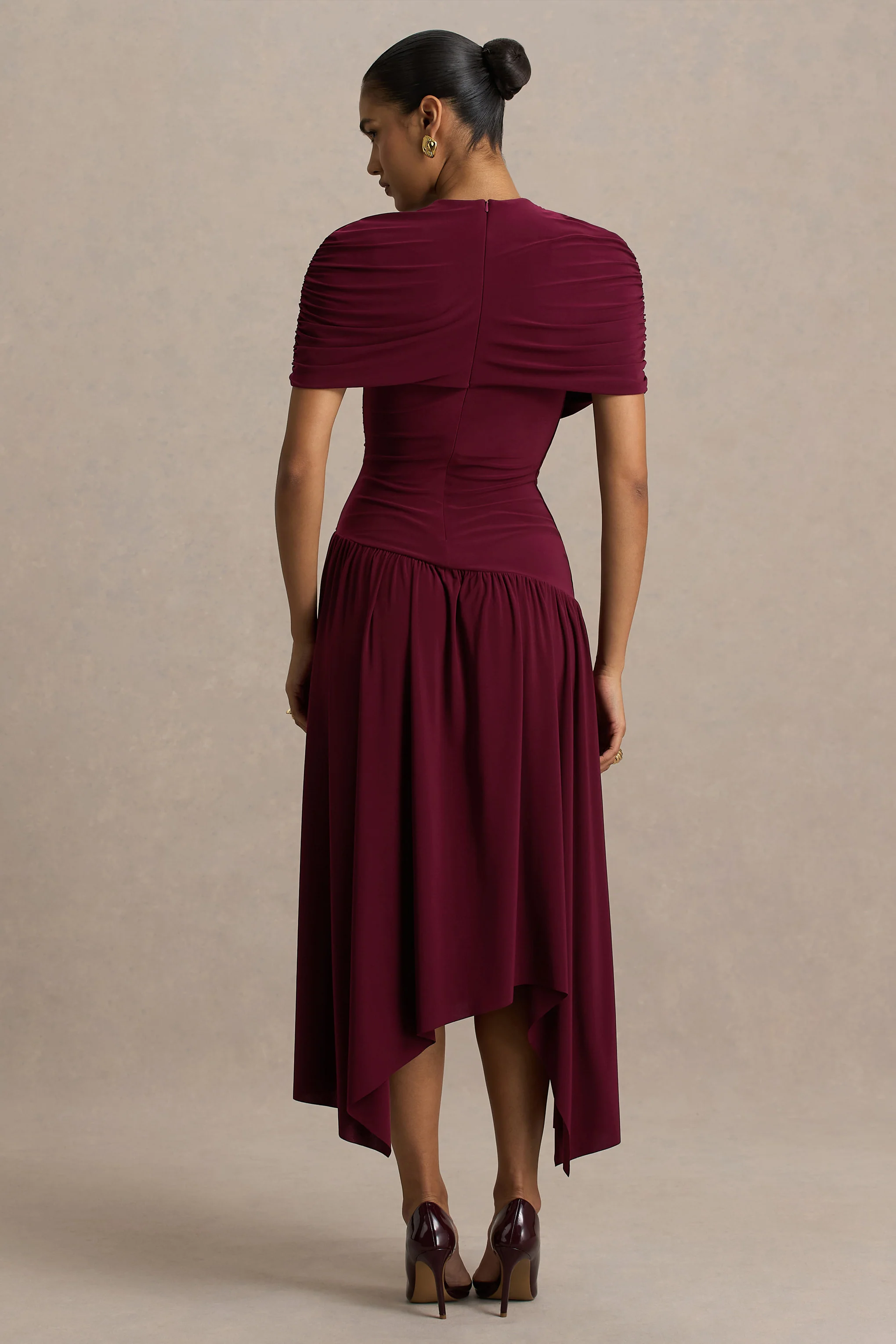 Ione | Burgundy Wrapped Midi Dress With Hanky Hem - Image 2